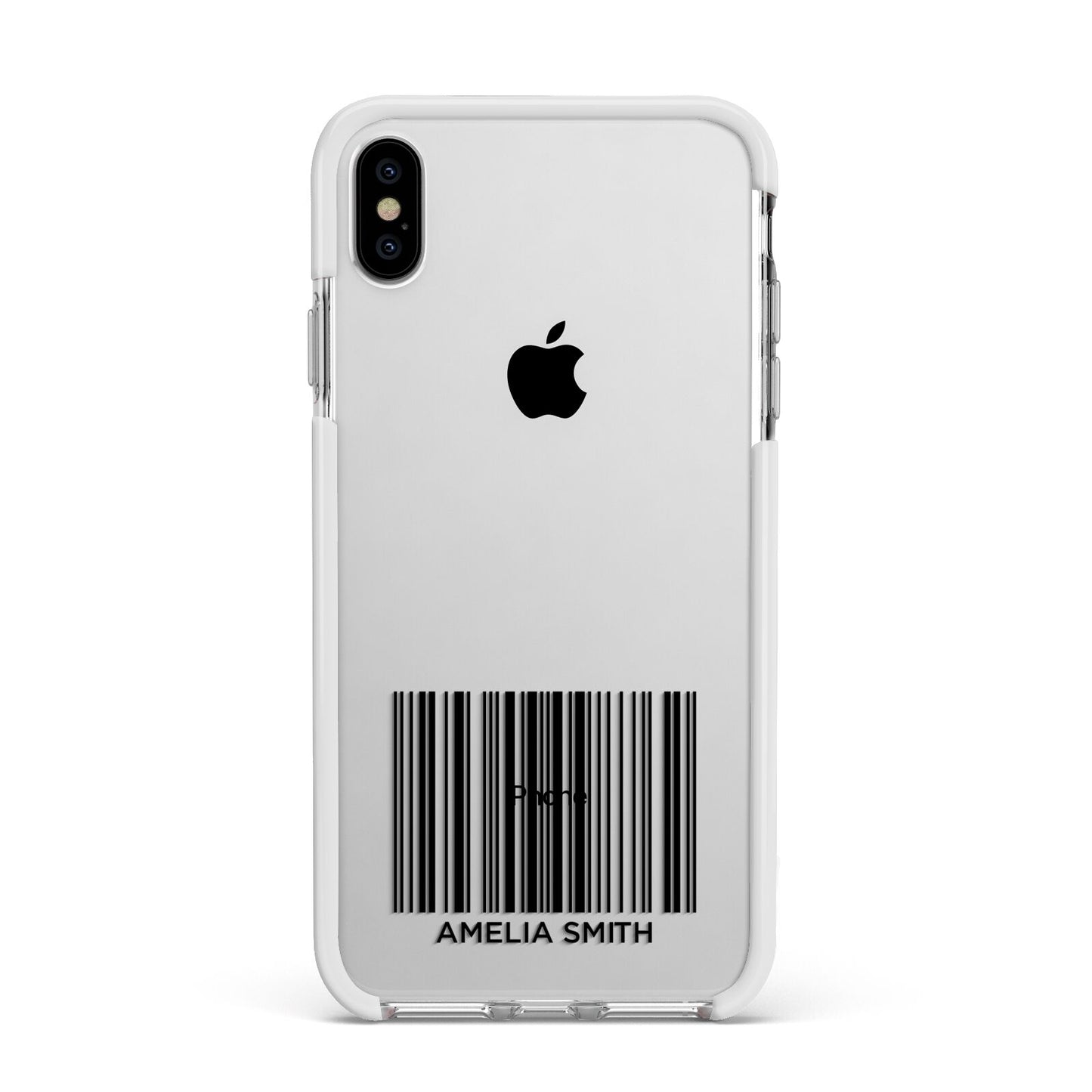 Barcode with Text Apple iPhone Xs Max Impact Case White Edge on Silver Phone