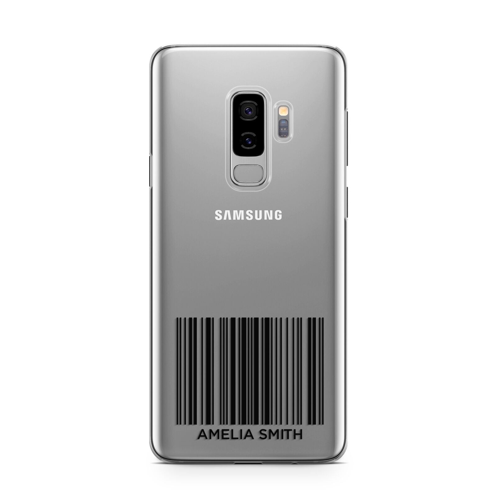 Barcode with Text Samsung Galaxy S9 Plus Case on Silver phone