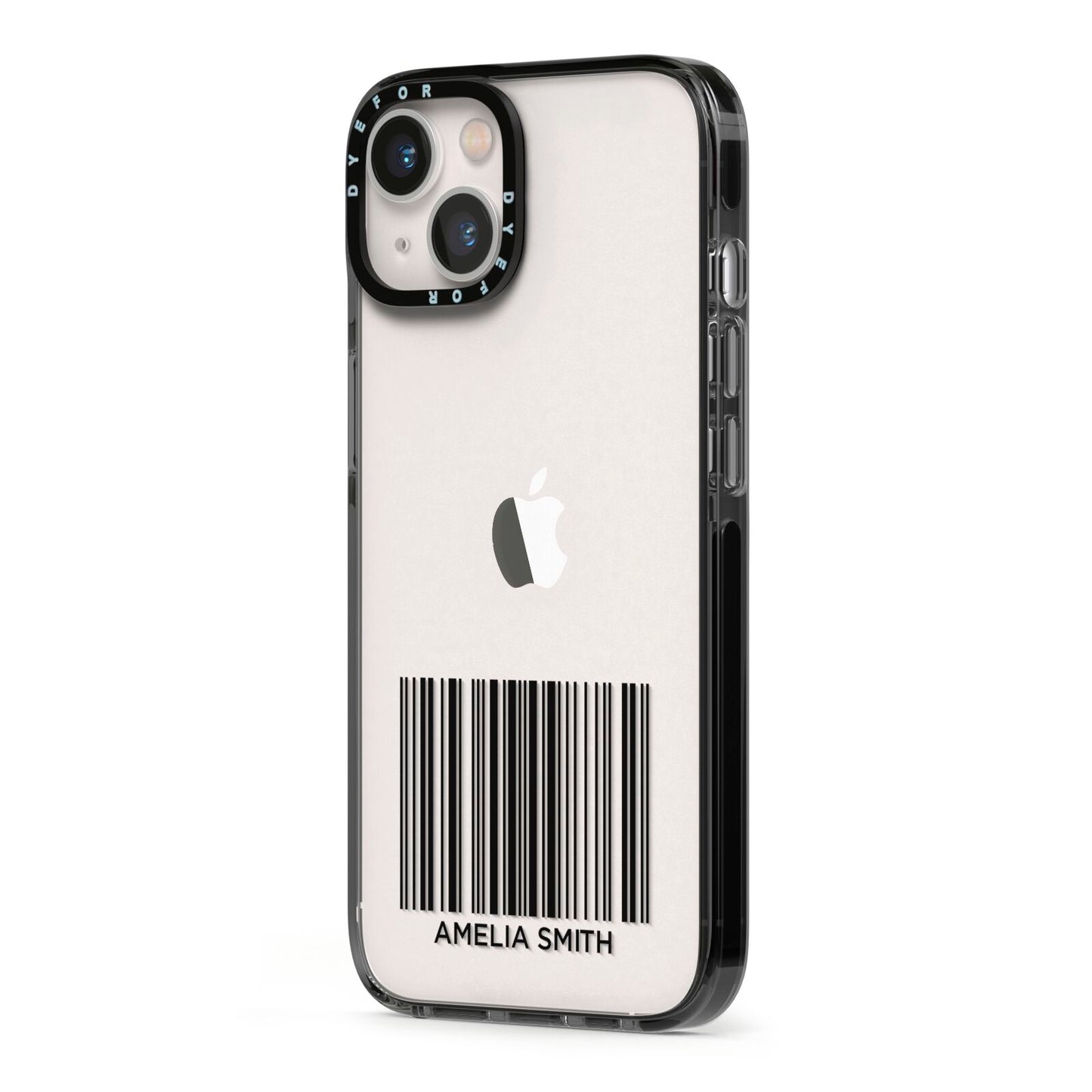 Barcode with Text iPhone 13 Black Impact Case Side Angle on Silver phone
