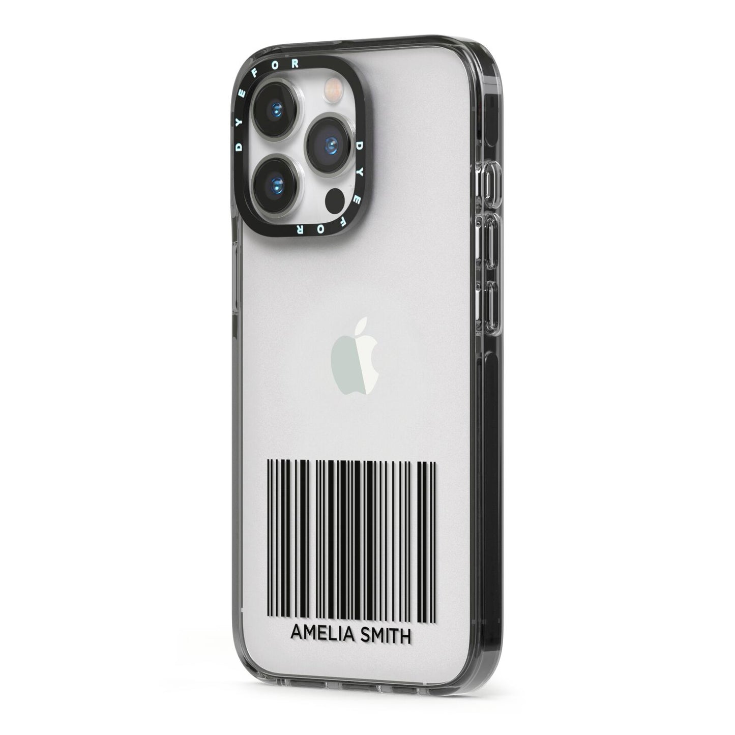 Barcode with Text iPhone 13 Pro Black Impact Case Side Angle on Silver phone