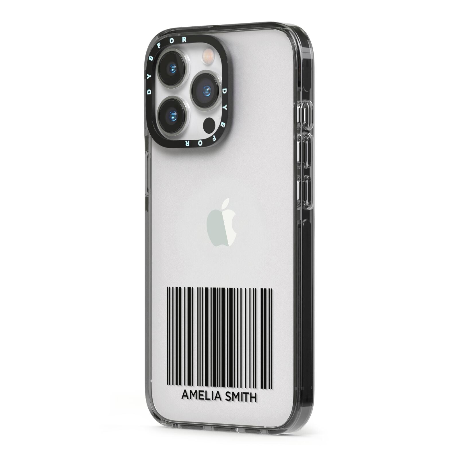 Barcode with Text iPhone 13 Pro Black Impact Case Side Angle on Silver phone