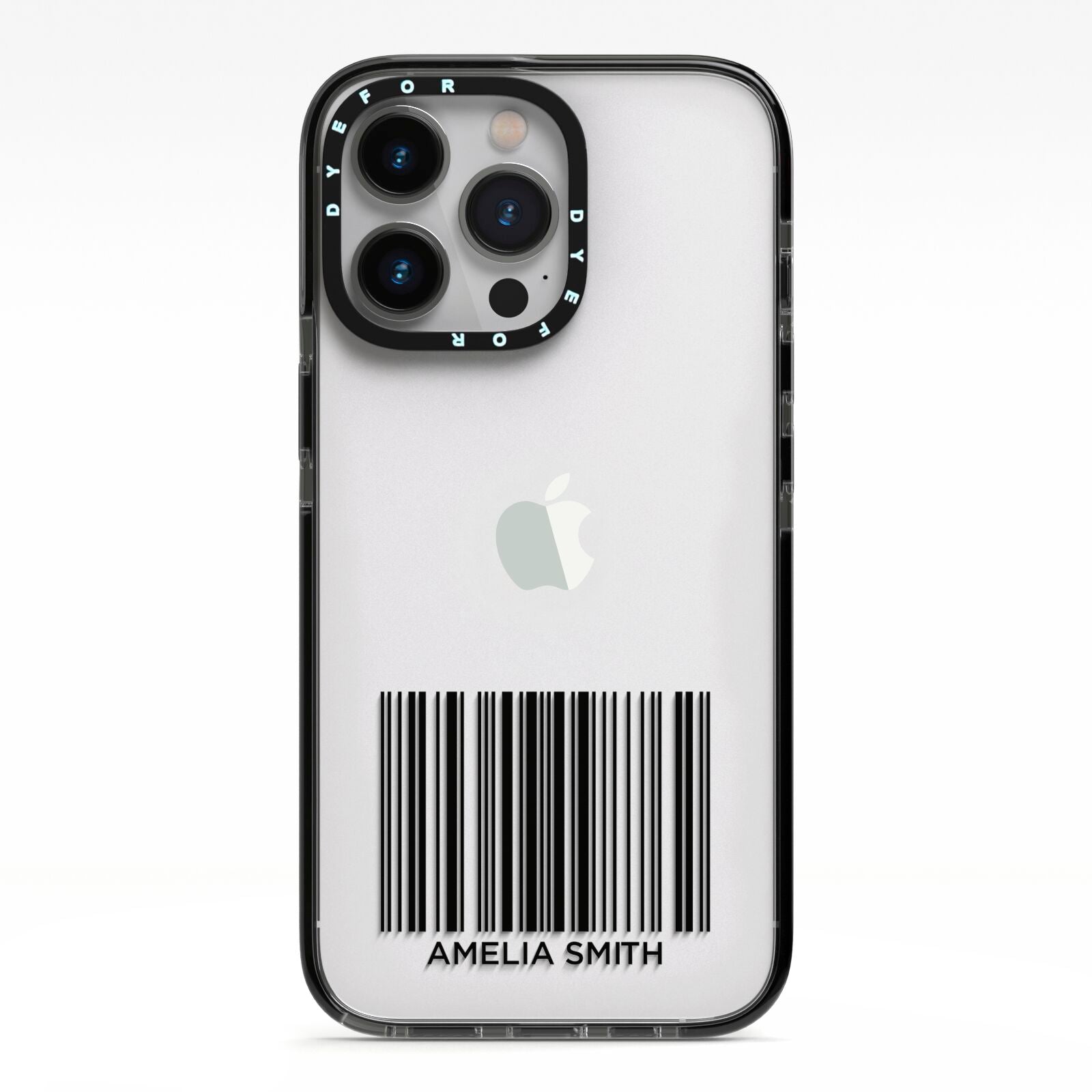 Barcode with Text iPhone 13 Pro Black Impact Case on Silver phone