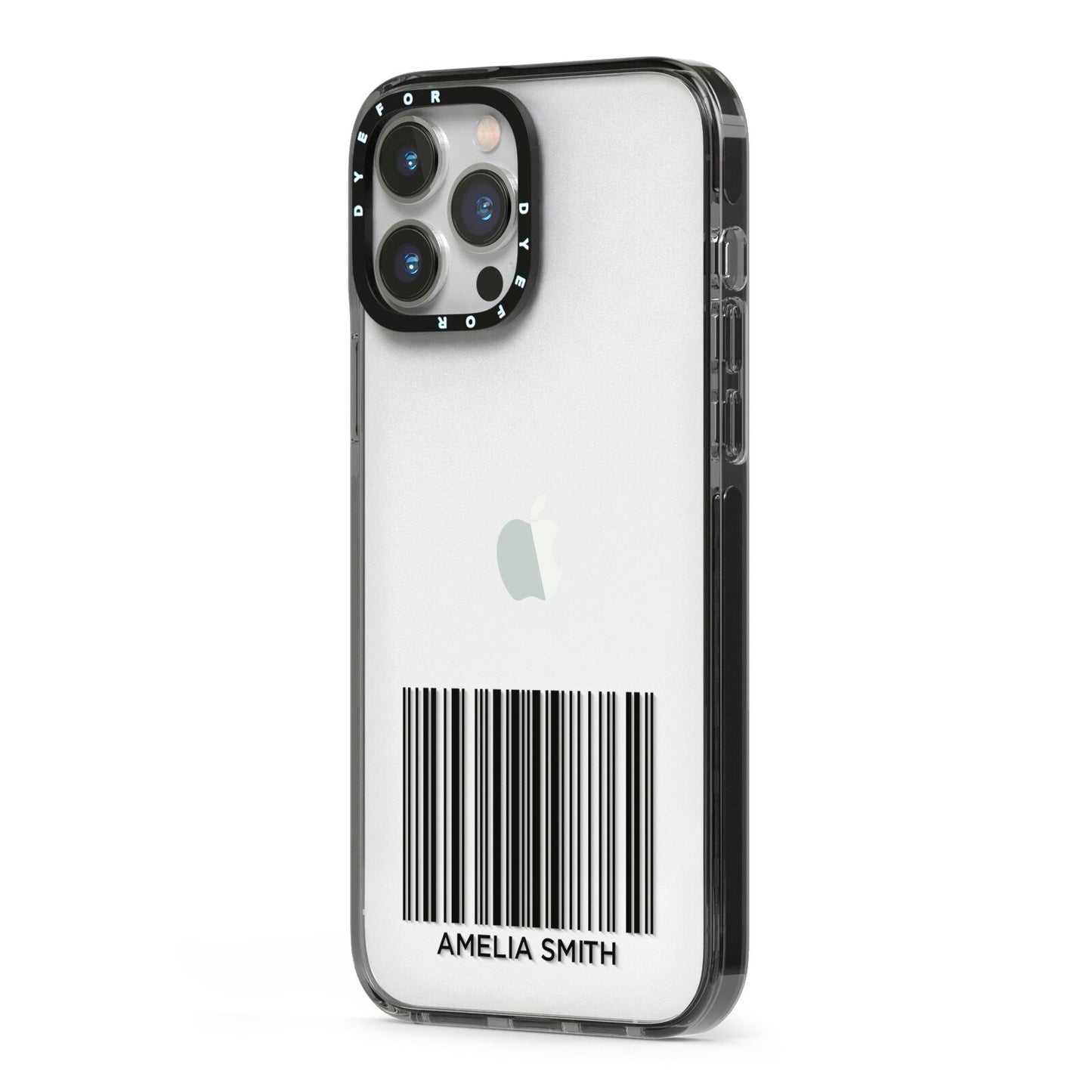 Barcode with Text iPhone 13 Pro Max Black Impact Case Side Angle on Silver phone