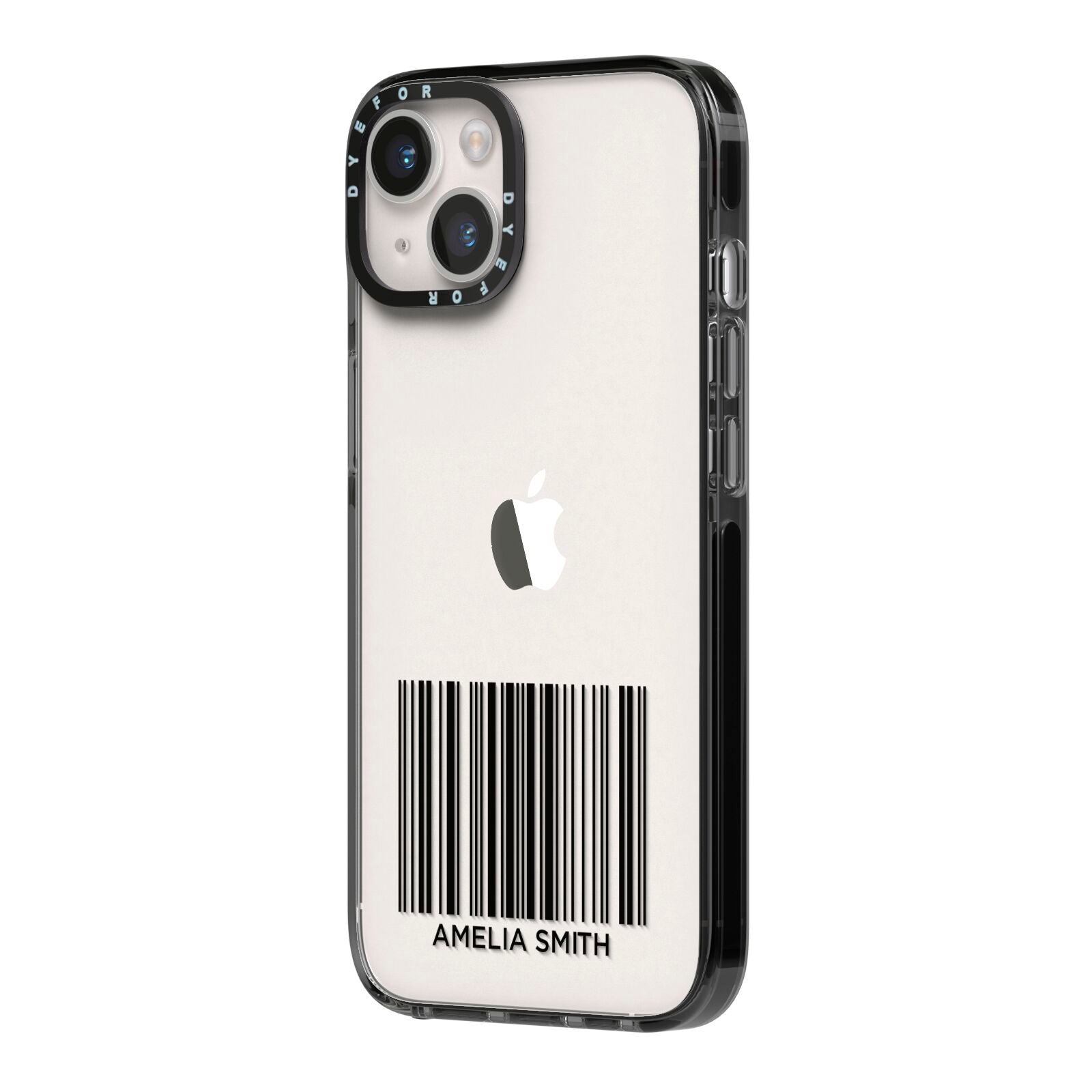 Barcode with Text iPhone 14 Black Impact Case Side Angle on Silver phone