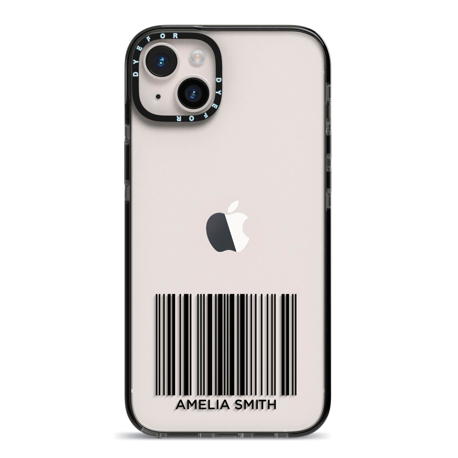 Barcode with Text iPhone 14 Plus Black Impact Case on Silver phone