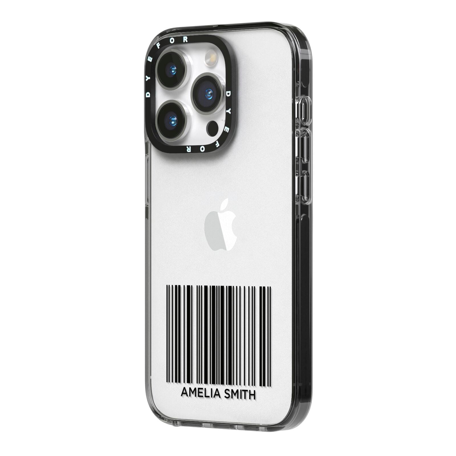 Barcode with Text iPhone 14 Pro Black Impact Case Side Angle on Silver phone