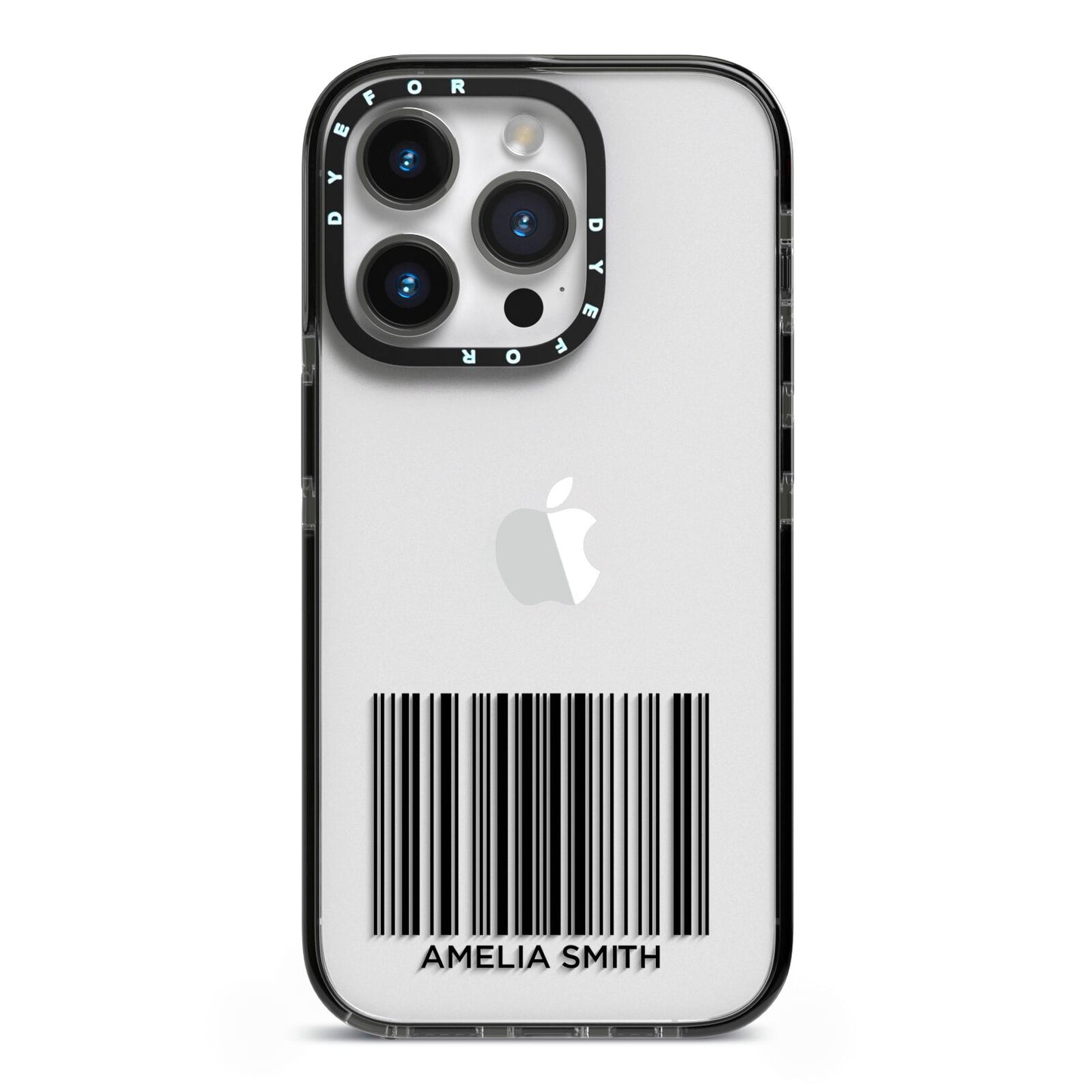 Barcode with Text iPhone 14 Pro Black Impact Case on Silver phone