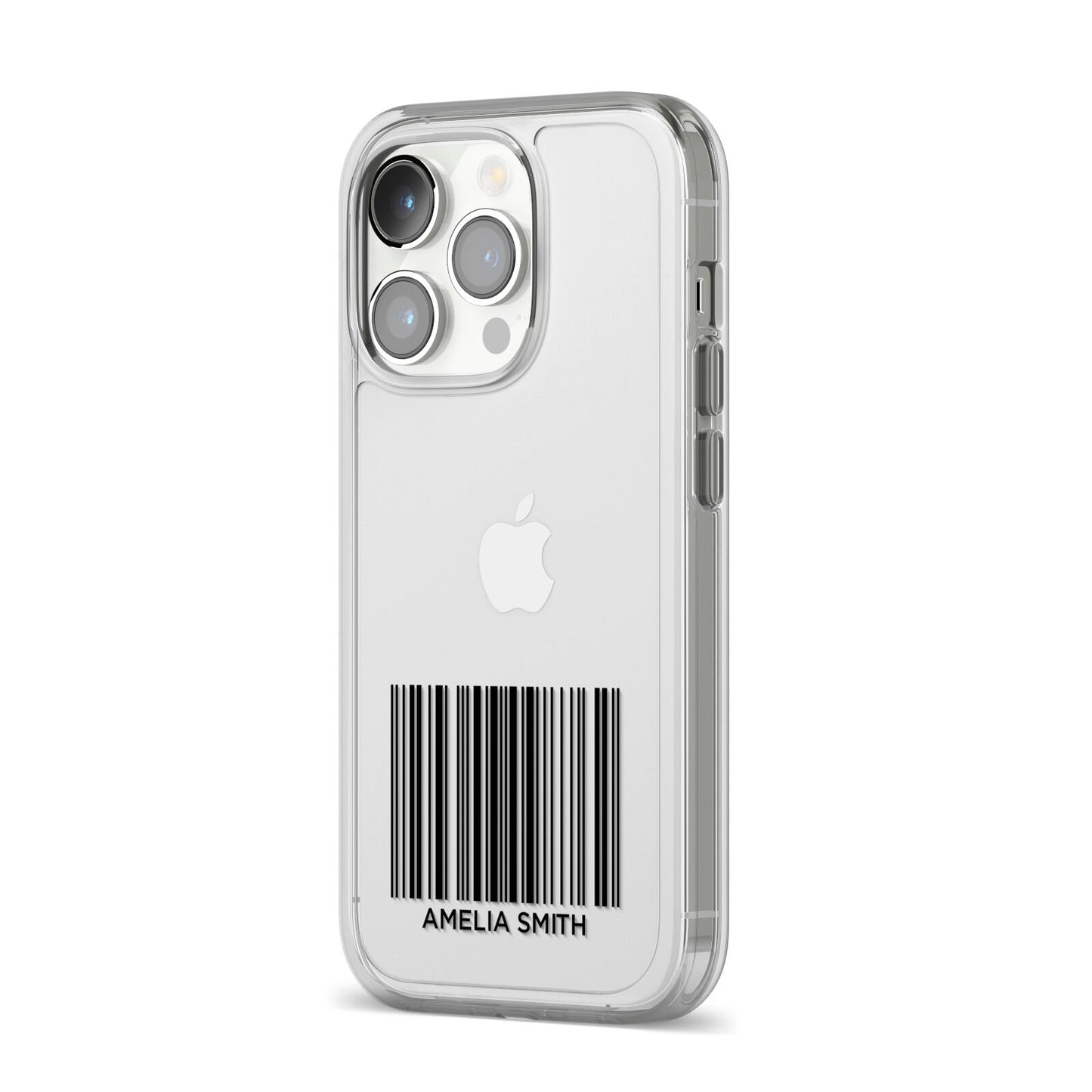 Barcode with Text iPhone 14 Pro Clear Tough Case Silver Angled Image