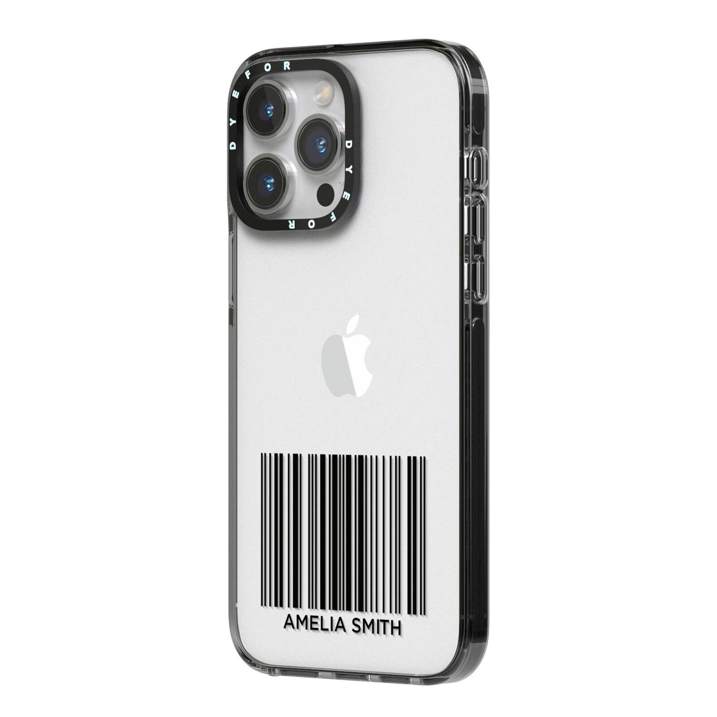 Barcode with Text iPhone 14 Pro Max Black Impact Case Side Angle on Silver phone