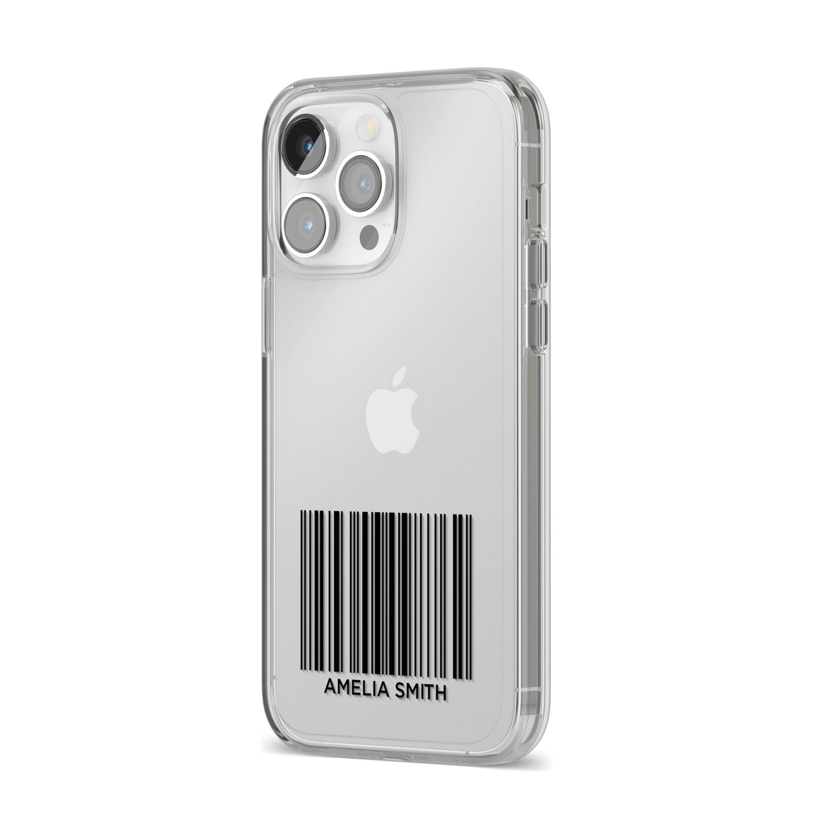 Barcode with Text iPhone 14 Pro Max Clear Tough Case Silver Angled Image