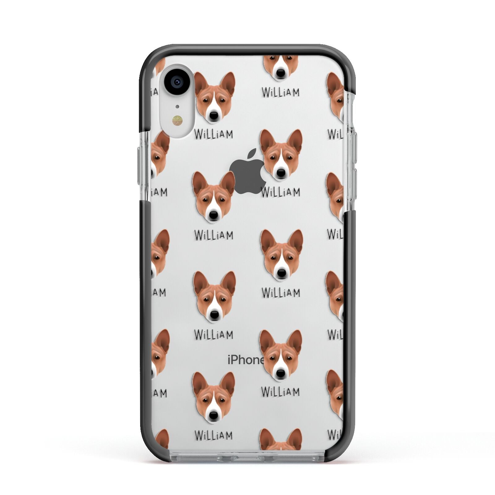 Basenji Icon with Name Apple iPhone XR Impact Case Black Edge on Silver Phone