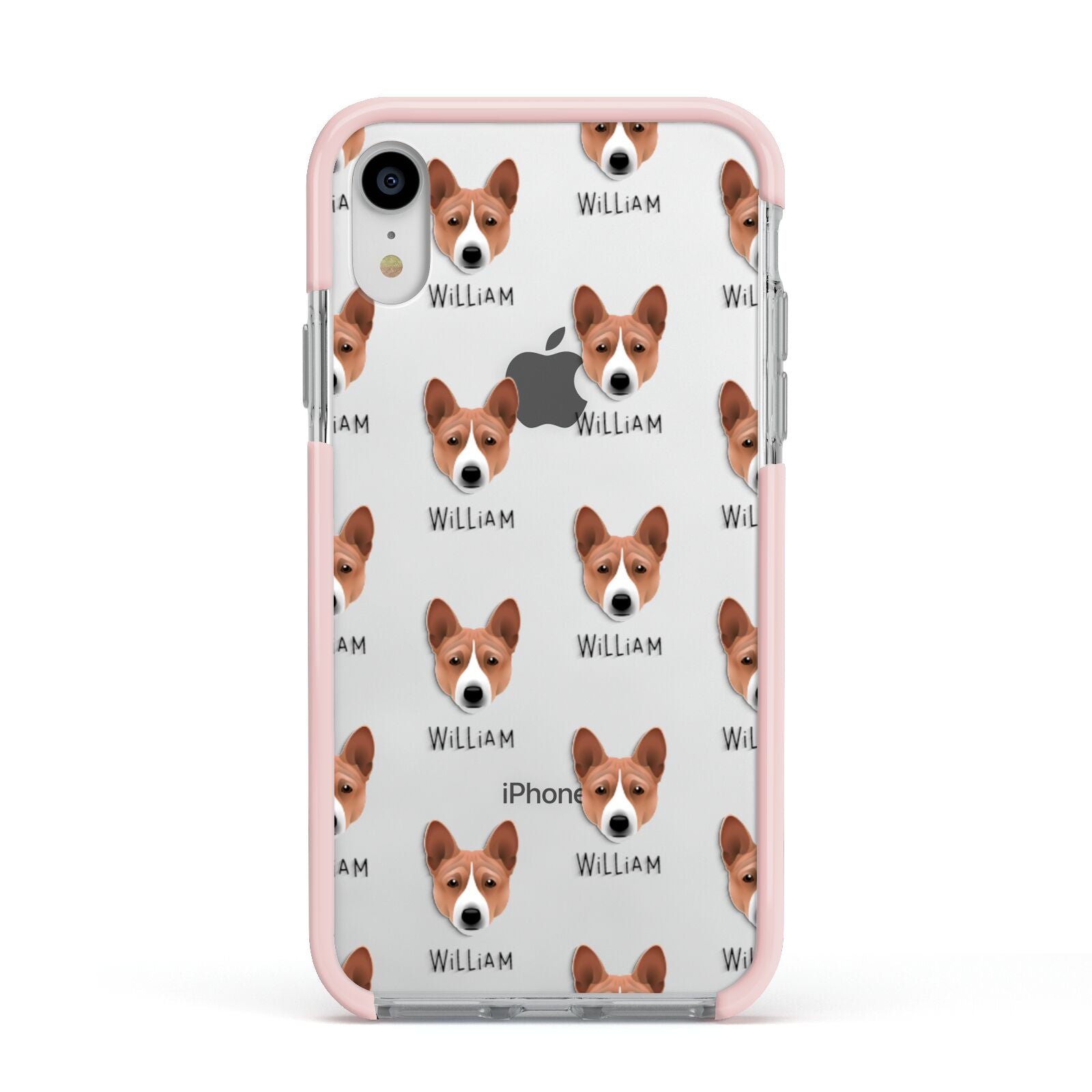 Basenji Icon with Name Apple iPhone XR Impact Case Pink Edge on Silver Phone