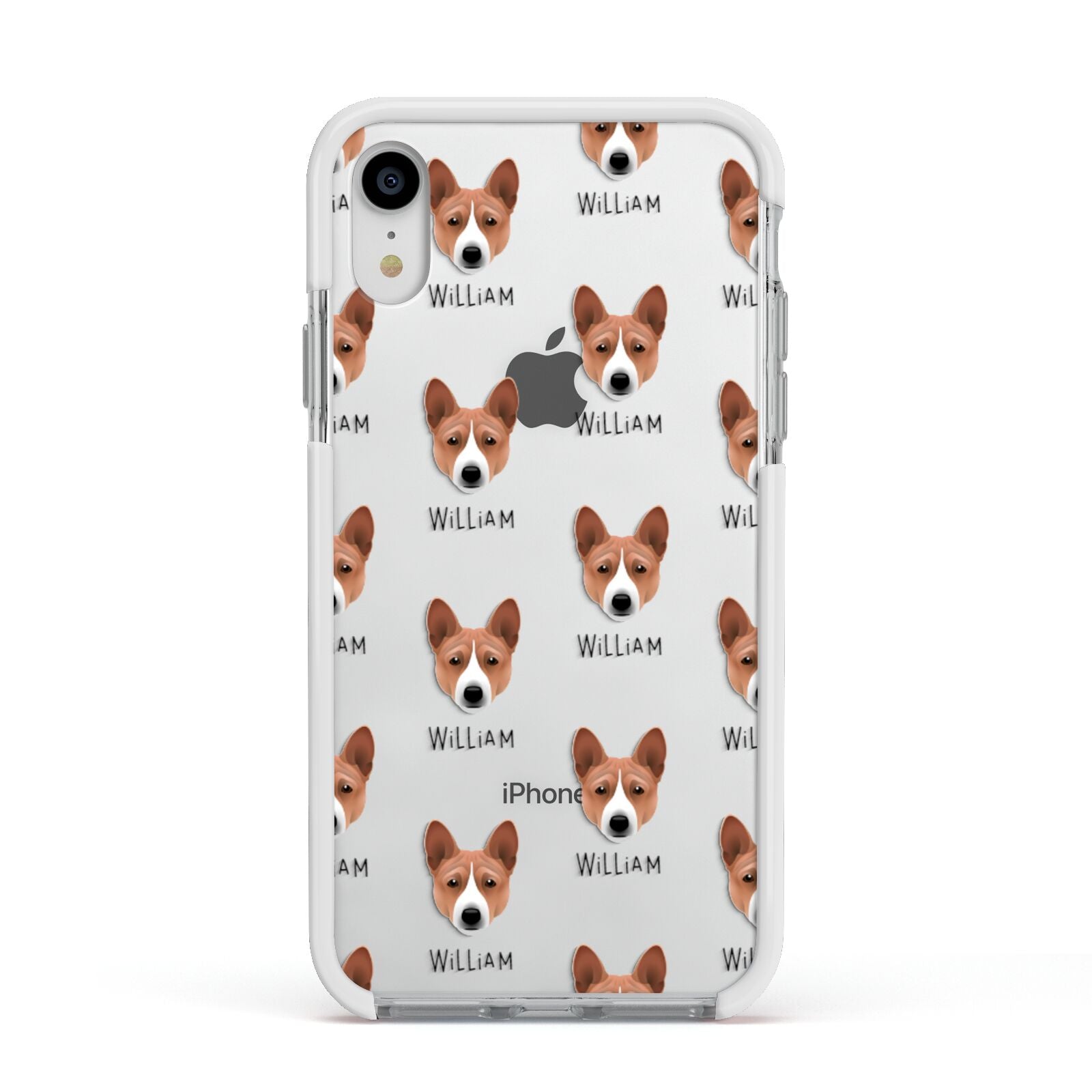 Basenji Icon with Name Apple iPhone XR Impact Case White Edge on Silver Phone