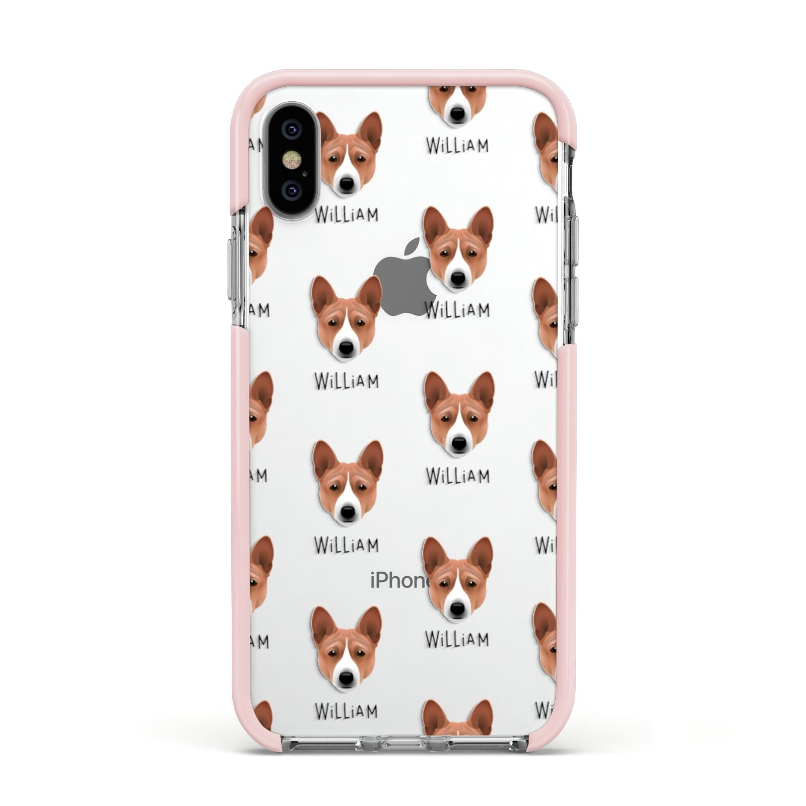 Basenji Icon with Name Apple iPhone Xs Impact Case Pink Edge on Silver Phone