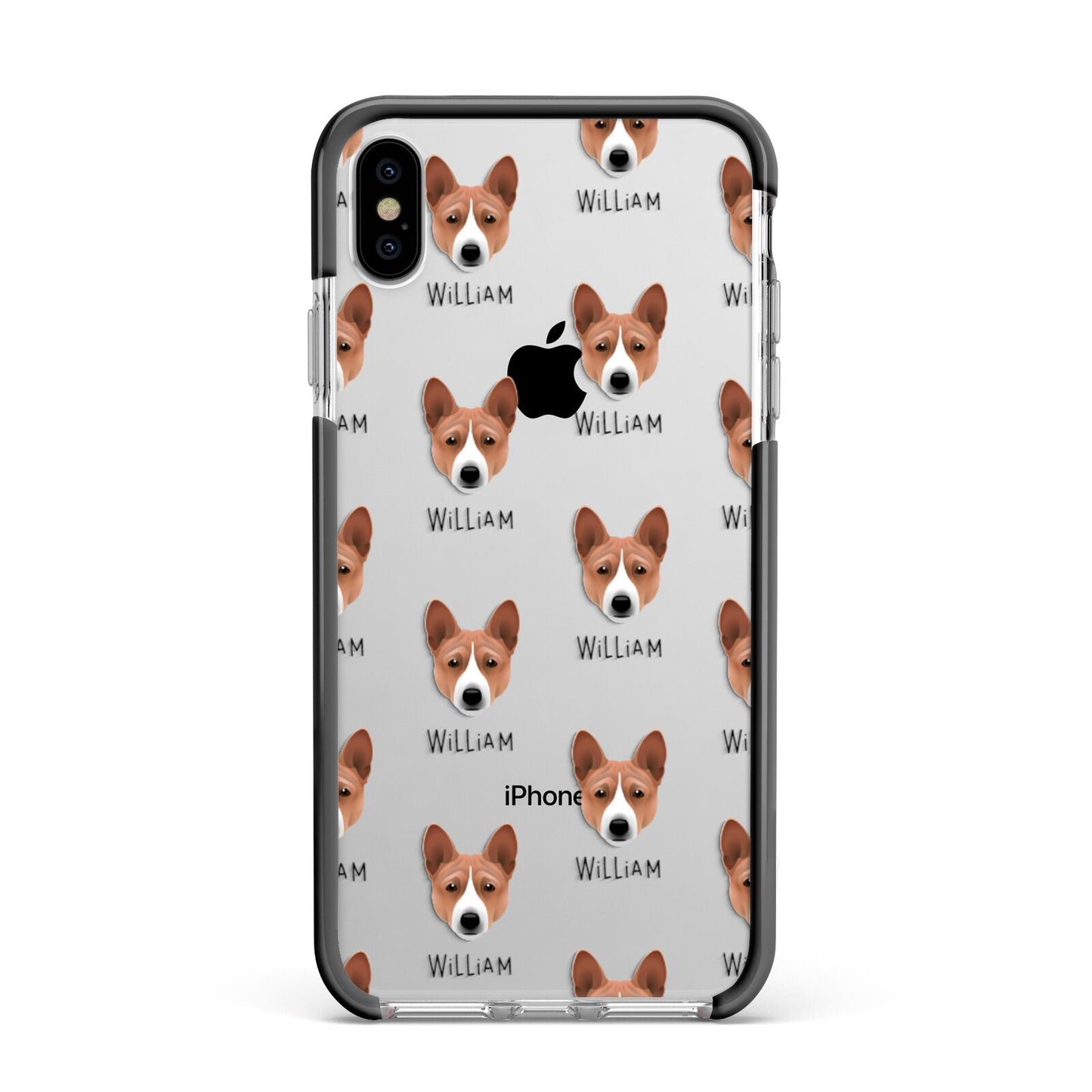 Basenji Icon with Name Apple iPhone Xs Max Impact Case Black Edge on Silver Phone