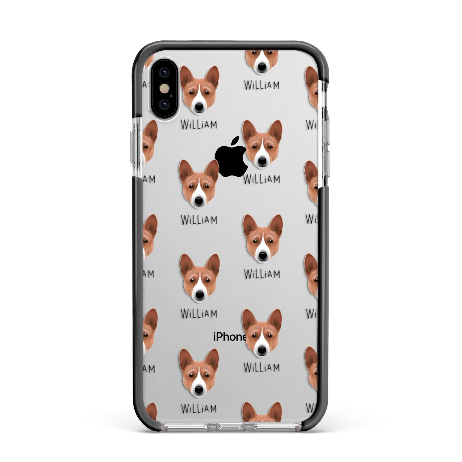 Basenji Icon with Name Apple iPhone Xs Max Impact Case Black Edge on Silver Phone