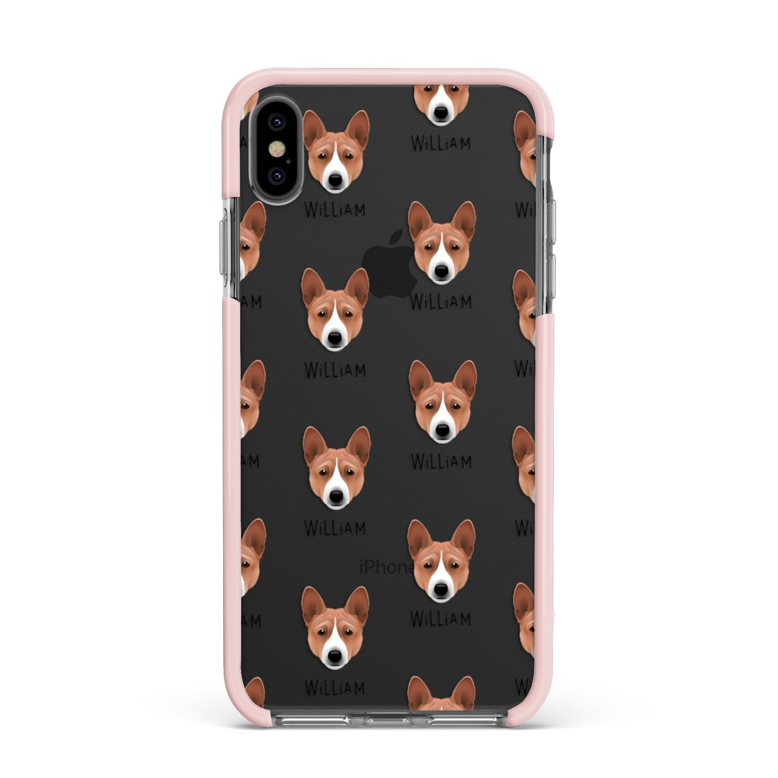 Basenji Icon with Name Apple iPhone Xs Max Impact Case Pink Edge on Black Phone
