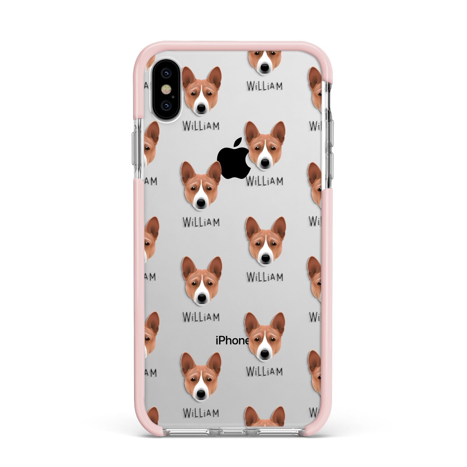 Basenji Icon with Name Apple iPhone Xs Max Impact Case Pink Edge on Silver Phone