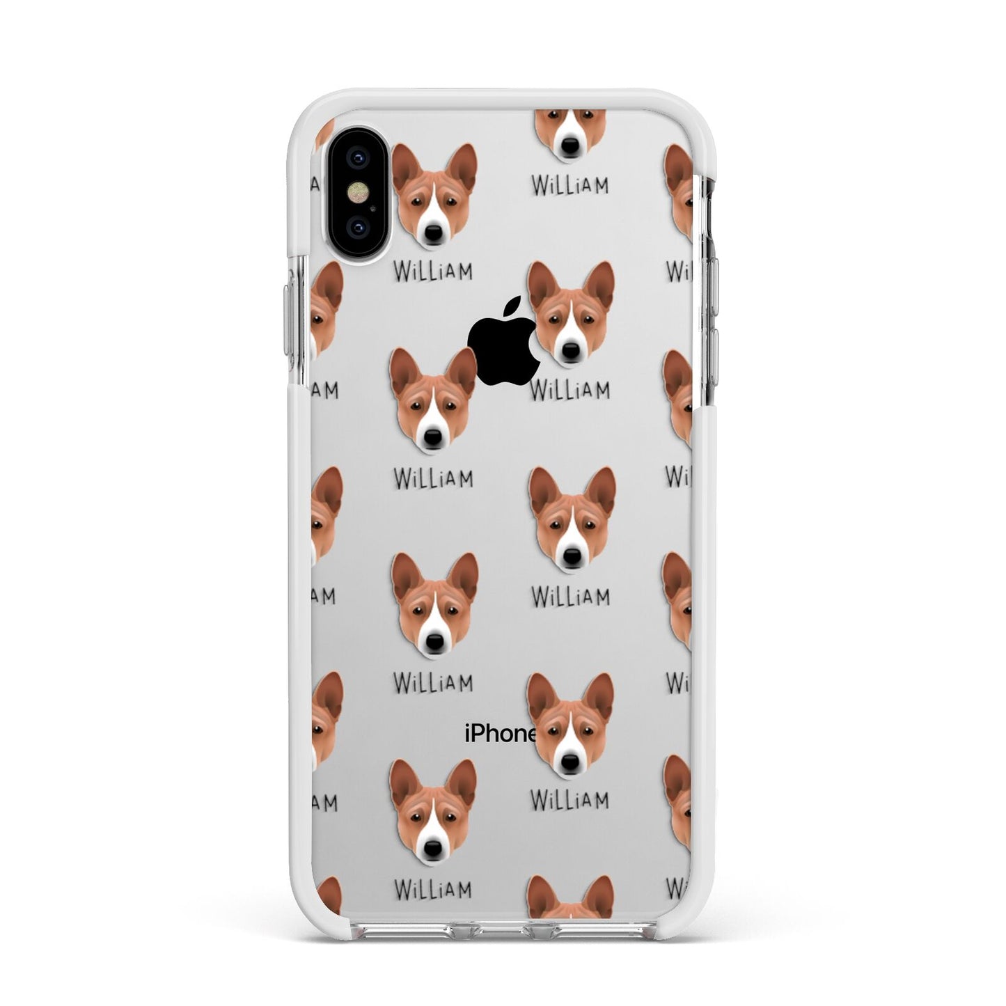 Basenji Icon with Name Apple iPhone Xs Max Impact Case White Edge on Silver Phone