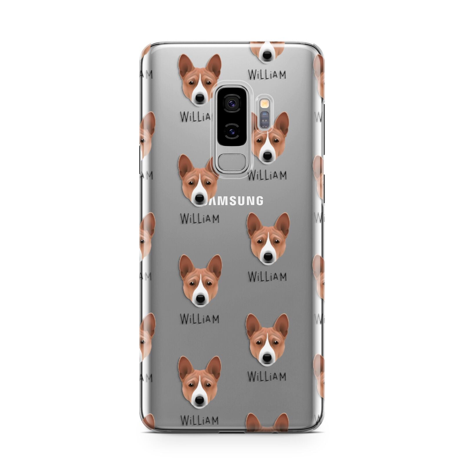 Basenji Icon with Name Samsung Galaxy S9 Plus Case on Silver phone
