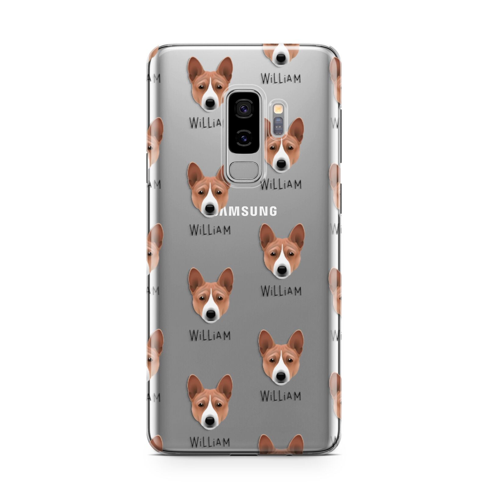 Basenji Icon with Name Samsung Galaxy S9 Plus Case on Silver phone