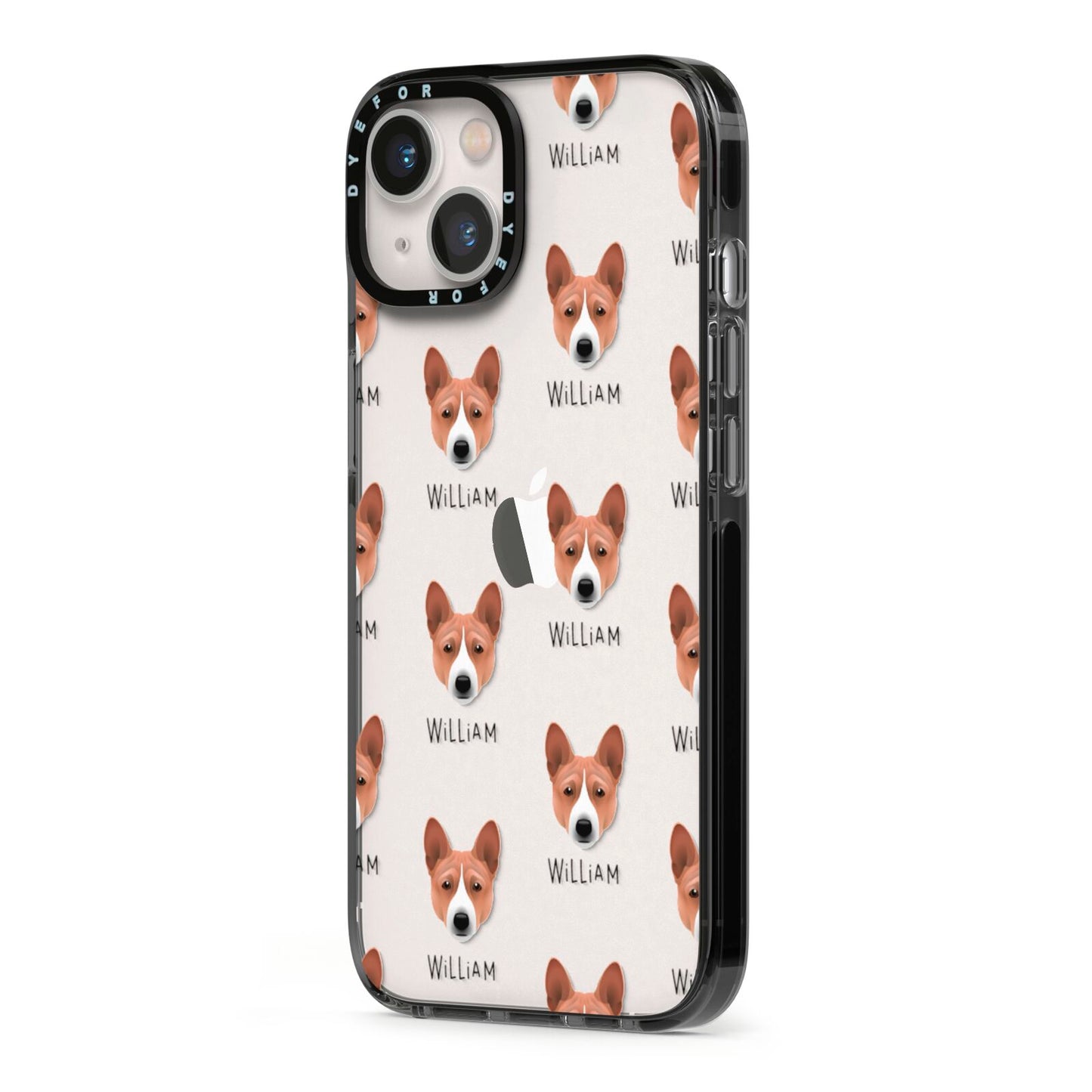 Basenji Icon with Name iPhone 13 Black Impact Case Side Angle on Silver phone
