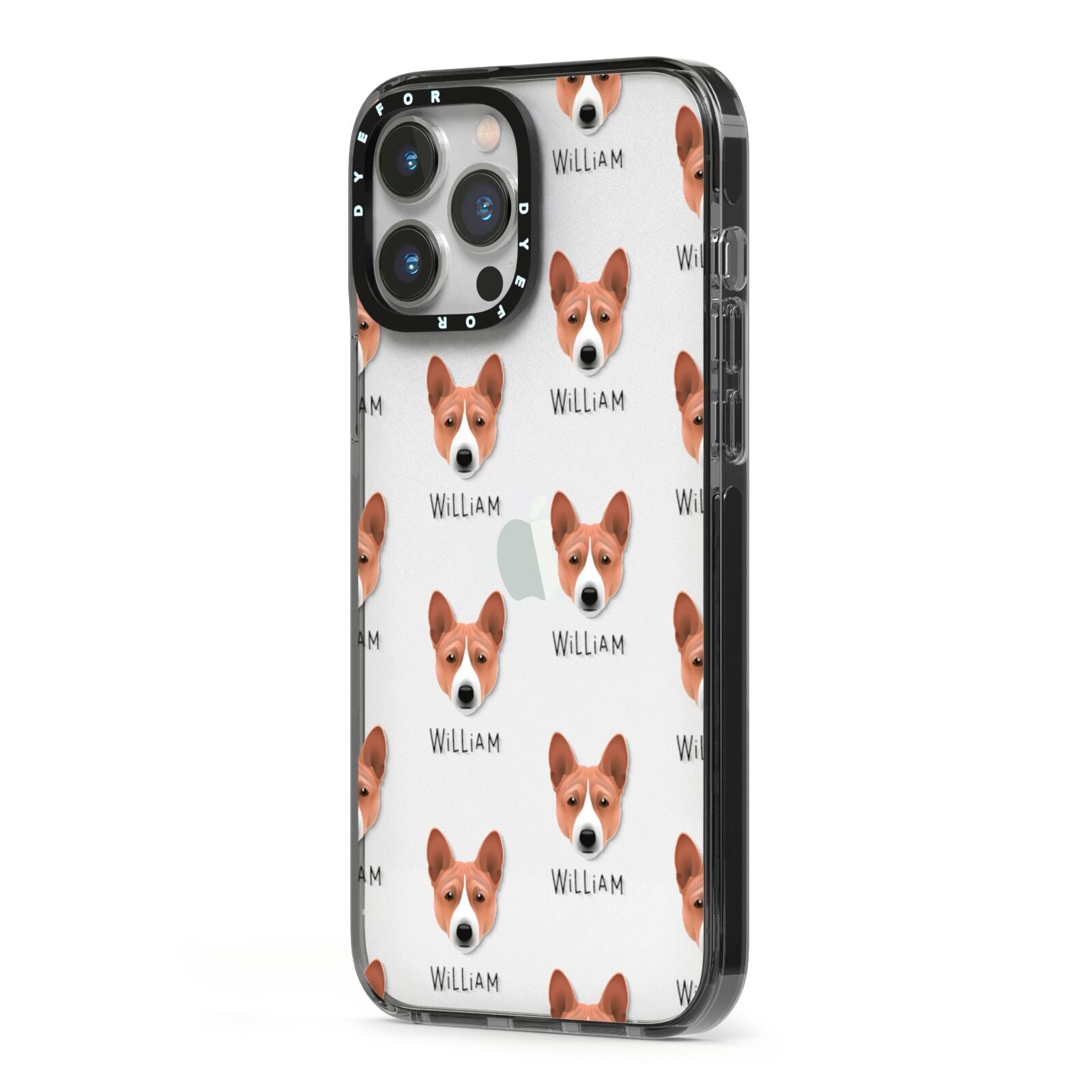Basenji Icon with Name iPhone 13 Pro Max Black Impact Case Side Angle on Silver phone