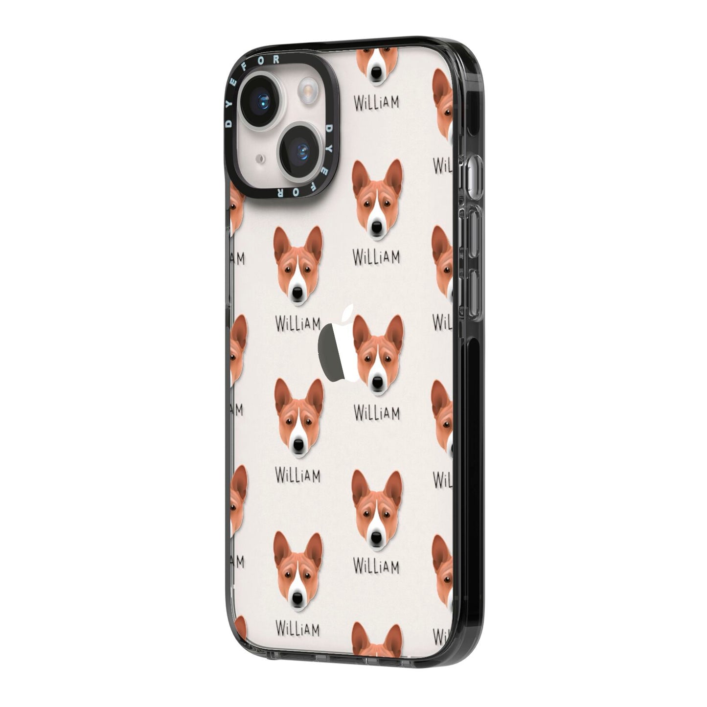 Basenji Icon with Name iPhone 14 Black Impact Case Side Angle on Silver phone