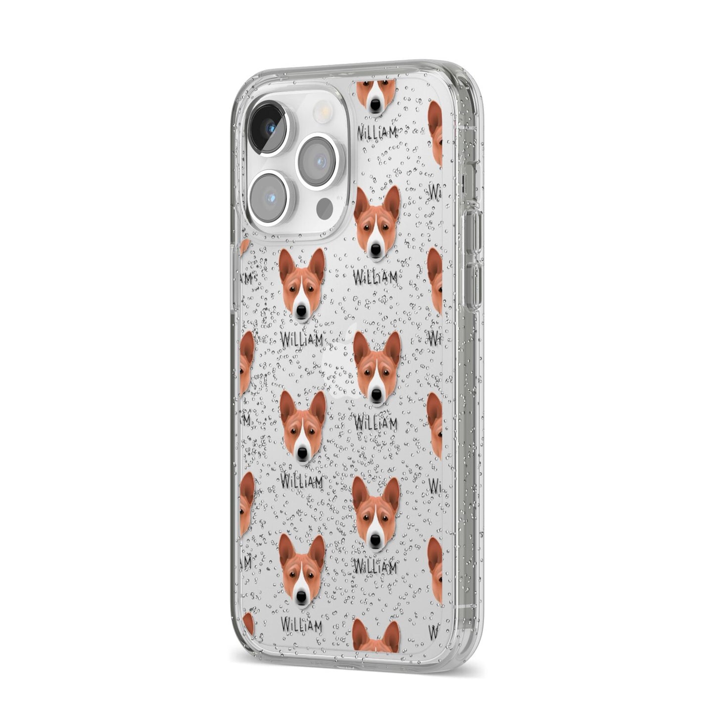 Basenji Icon with Name iPhone 14 Pro Max Glitter Tough Case Silver Angled Image
