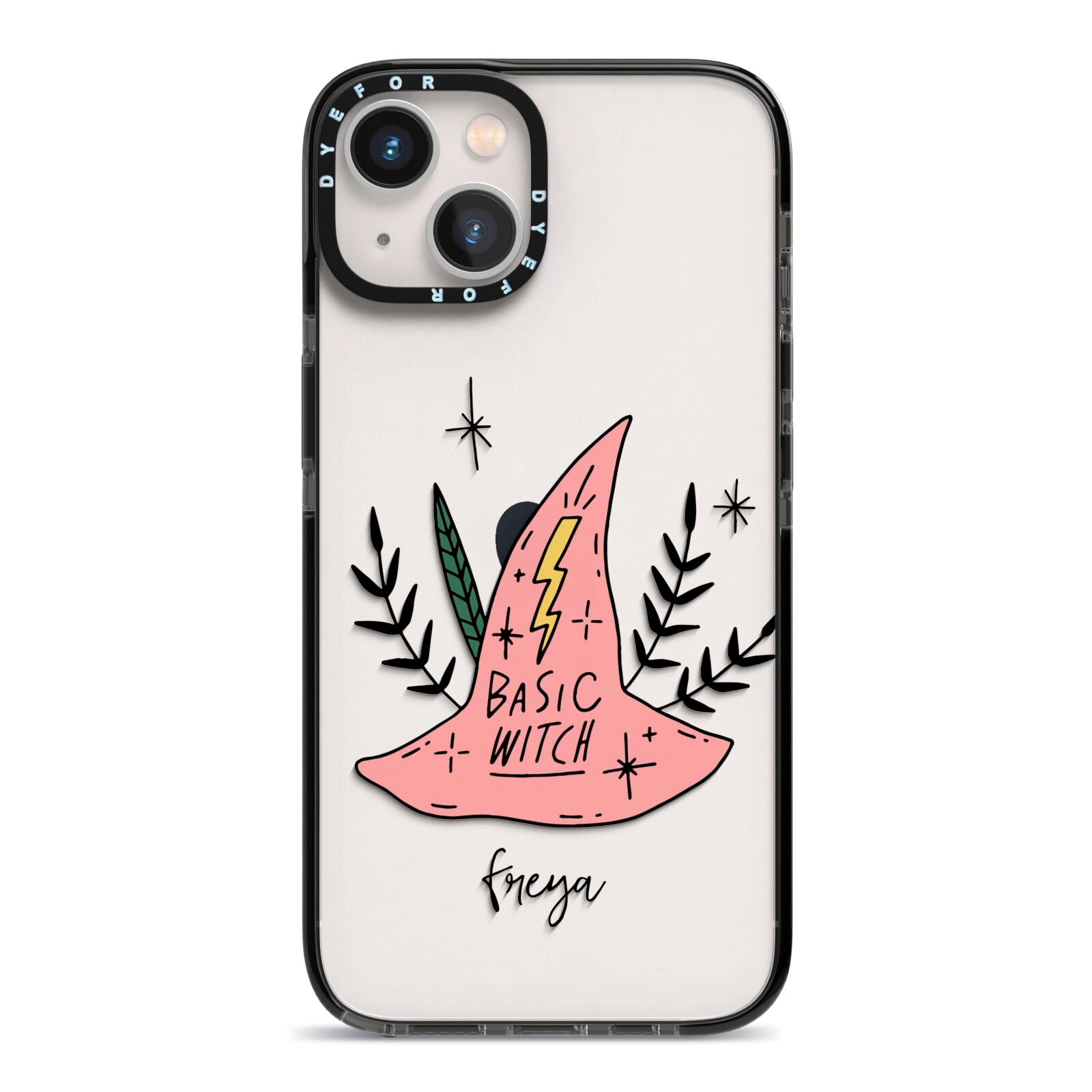 Basic Witch Hat Personalised iPhone 13 Black Impact Case on Silver phone