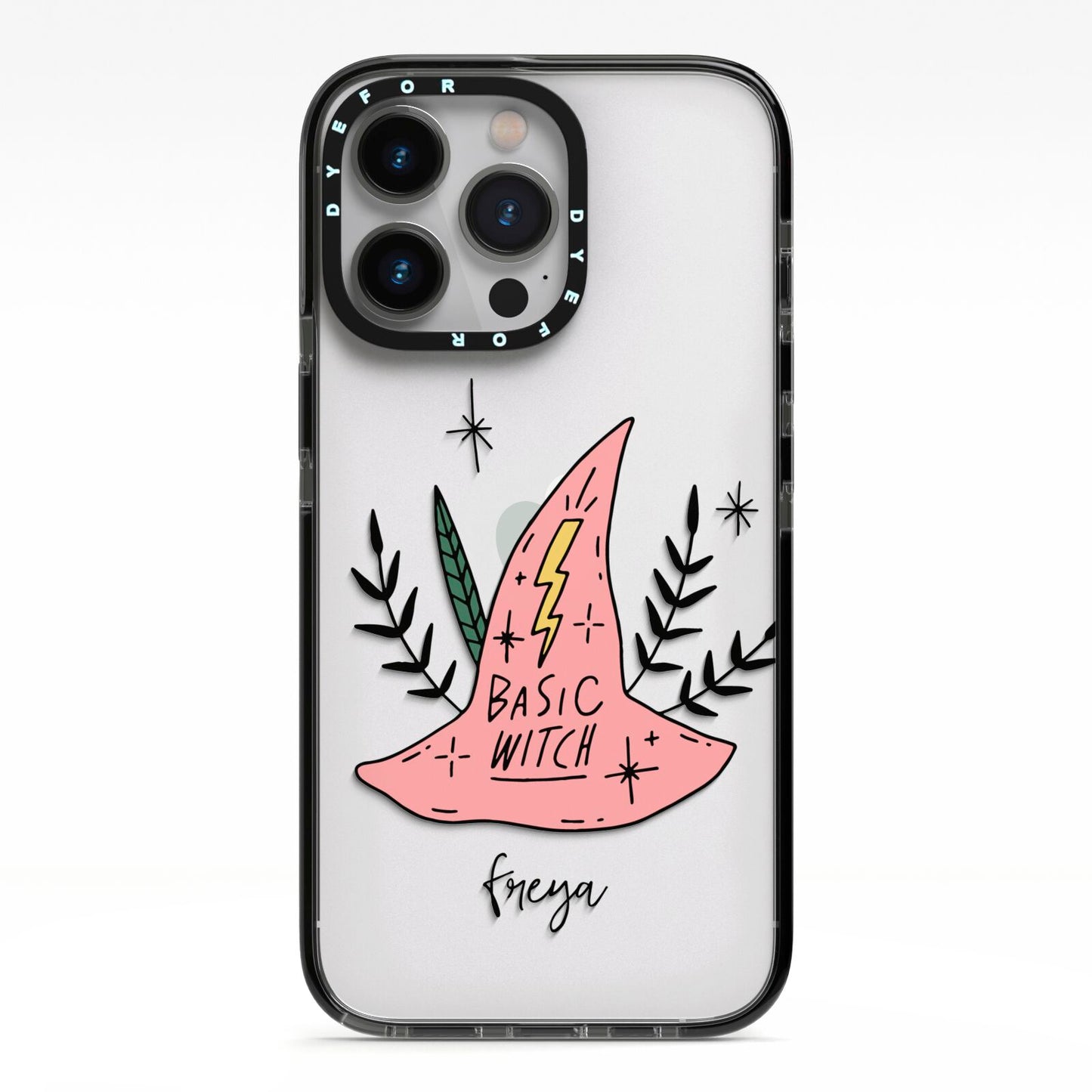 Basic Witch Hat Personalised iPhone 13 Pro Black Impact Case on Silver phone