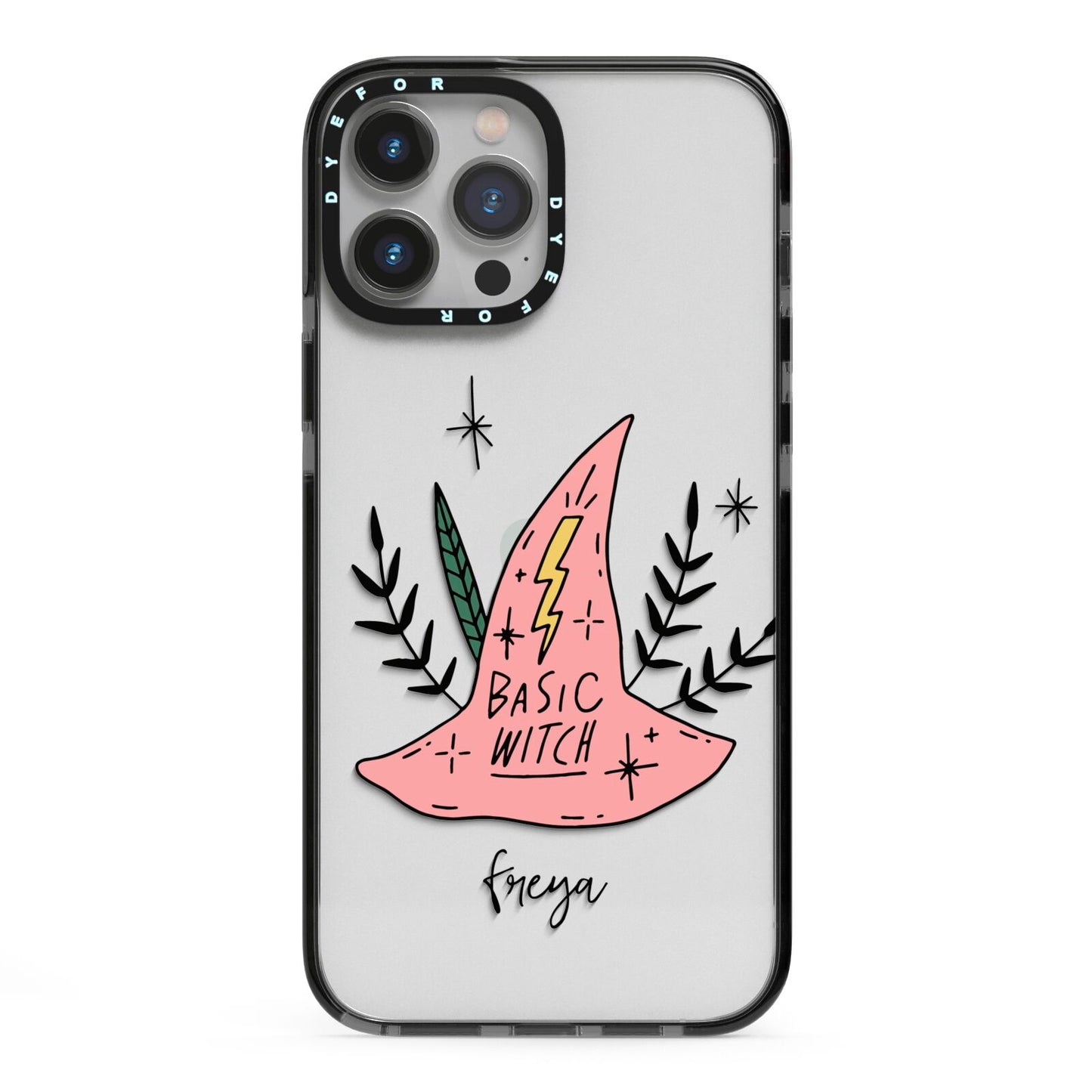 Basic Witch Hat Personalised iPhone 13 Pro Max Black Impact Case on Silver phone
