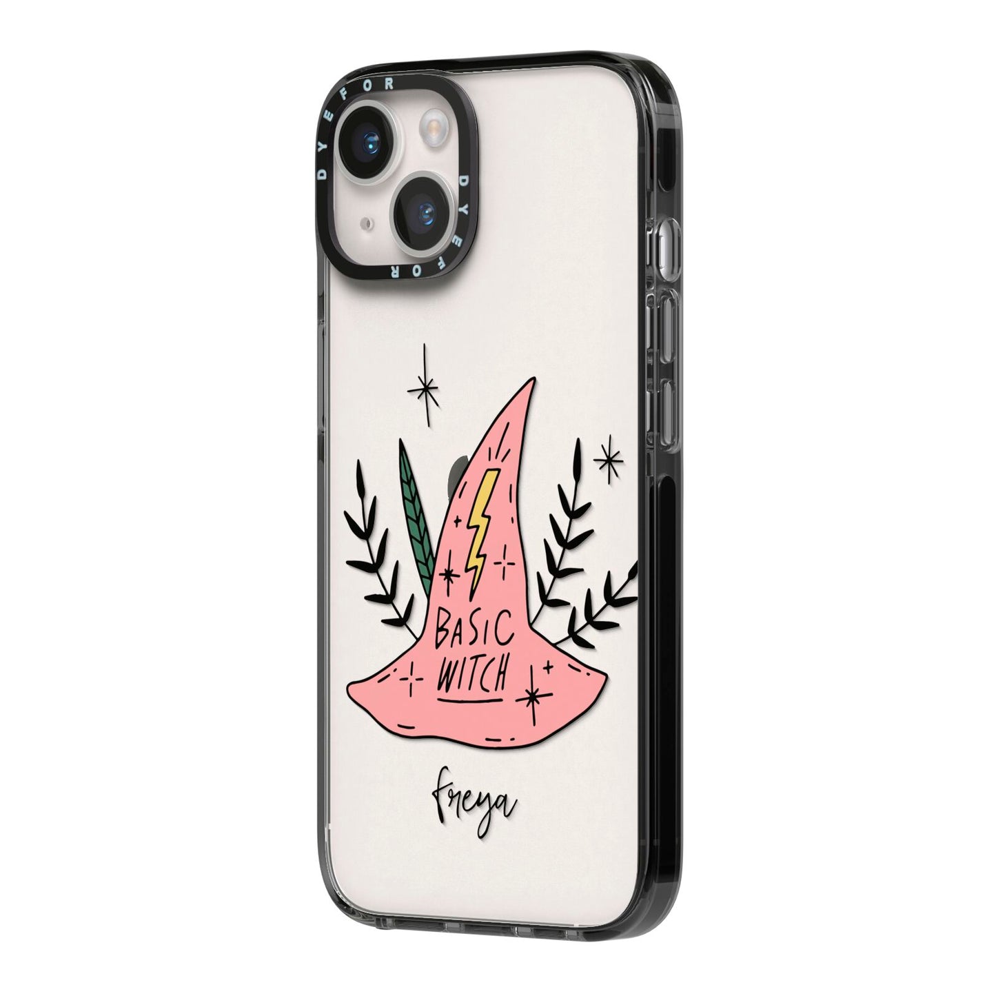 Basic Witch Hat Personalised iPhone 14 Black Impact Case Side Angle on Silver phone
