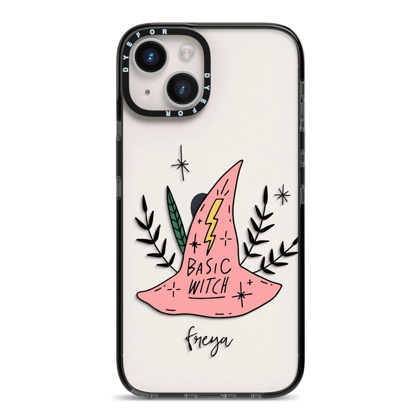 Basic Witch Hat Personalised iPhone 14 Black Impact Case on Silver phone