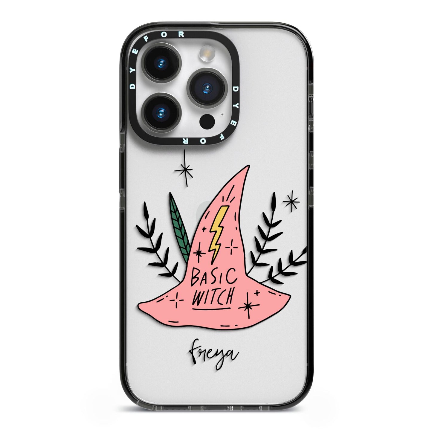 Basic Witch Hat Personalised iPhone 14 Pro Black Impact Case on Silver phone