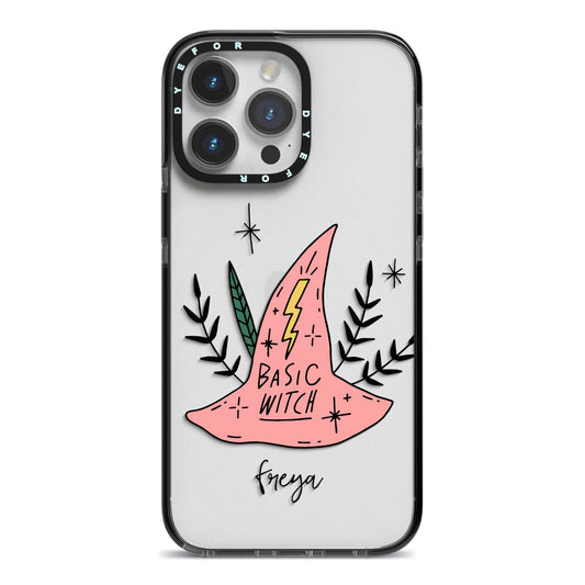 Basic Witch Hat Personalised iPhone 14 Pro Max Black Impact Case on Silver phone