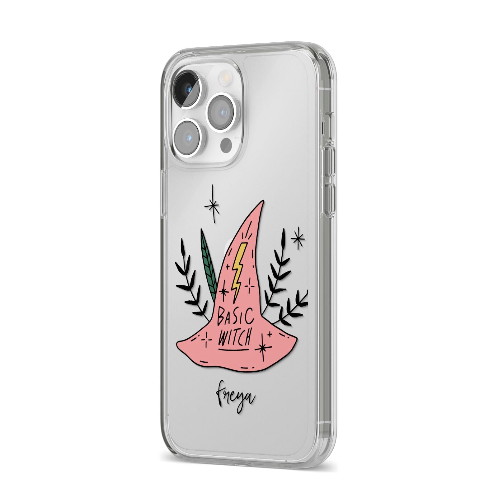 Basic Witch Hat Personalised iPhone 14 Pro Max Clear Tough Case Silver Angled Image