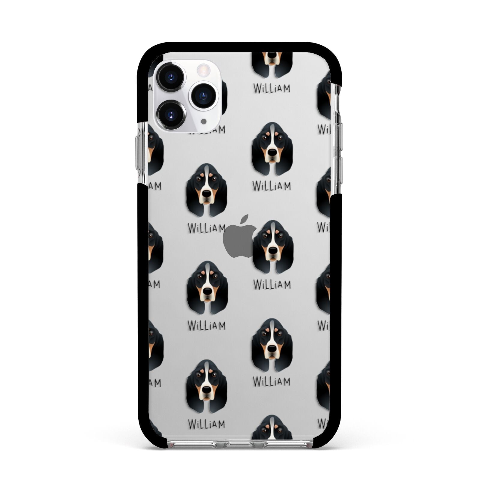Basset Bleu De Gascogne Icon with Name Apple iPhone 11 Pro Max in Silver with Black Impact Case