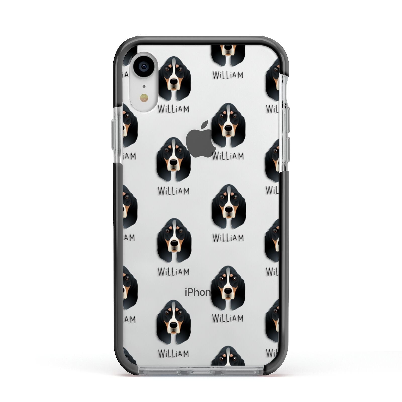 Basset Bleu De Gascogne Icon with Name Apple iPhone XR Impact Case Black Edge on Silver Phone