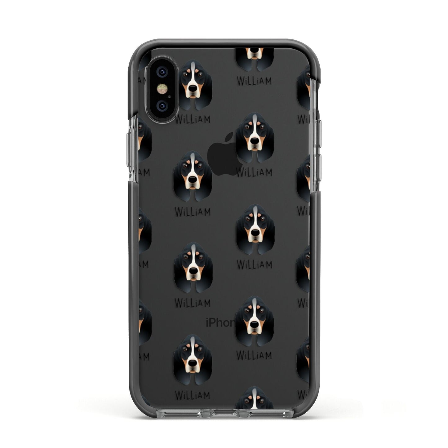 Basset Bleu De Gascogne Icon with Name Apple iPhone Xs Impact Case Black Edge on Black Phone