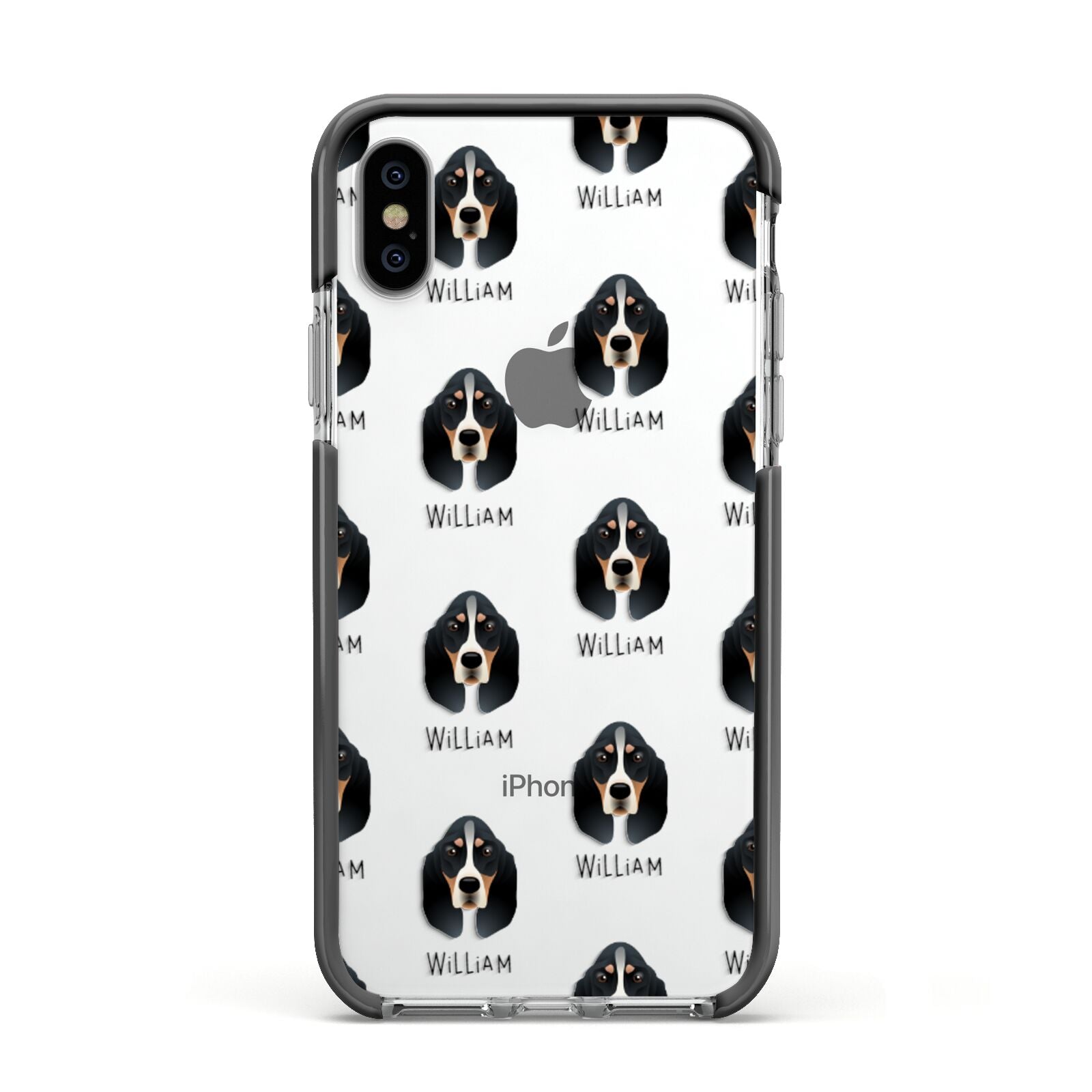 Basset Bleu De Gascogne Icon with Name Apple iPhone Xs Impact Case Black Edge on Silver Phone