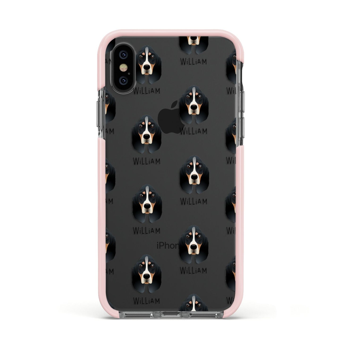 Basset Bleu De Gascogne Icon with Name Apple iPhone Xs Impact Case Pink Edge on Black Phone