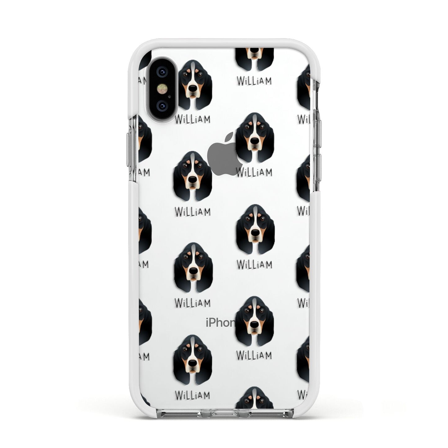 Basset Bleu De Gascogne Icon with Name Apple iPhone Xs Impact Case White Edge on Silver Phone