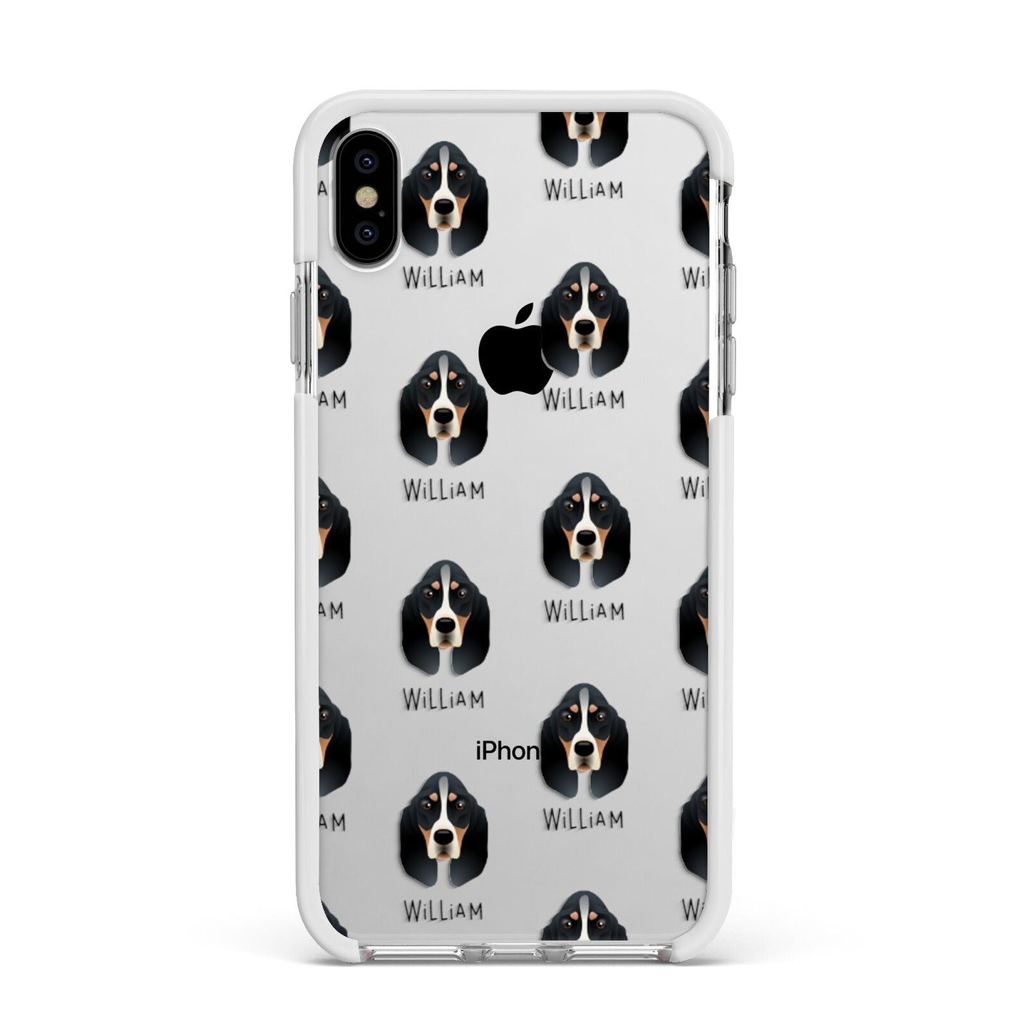 Basset Bleu De Gascogne Icon with Name Apple iPhone Xs Max Impact Case White Edge on Silver Phone