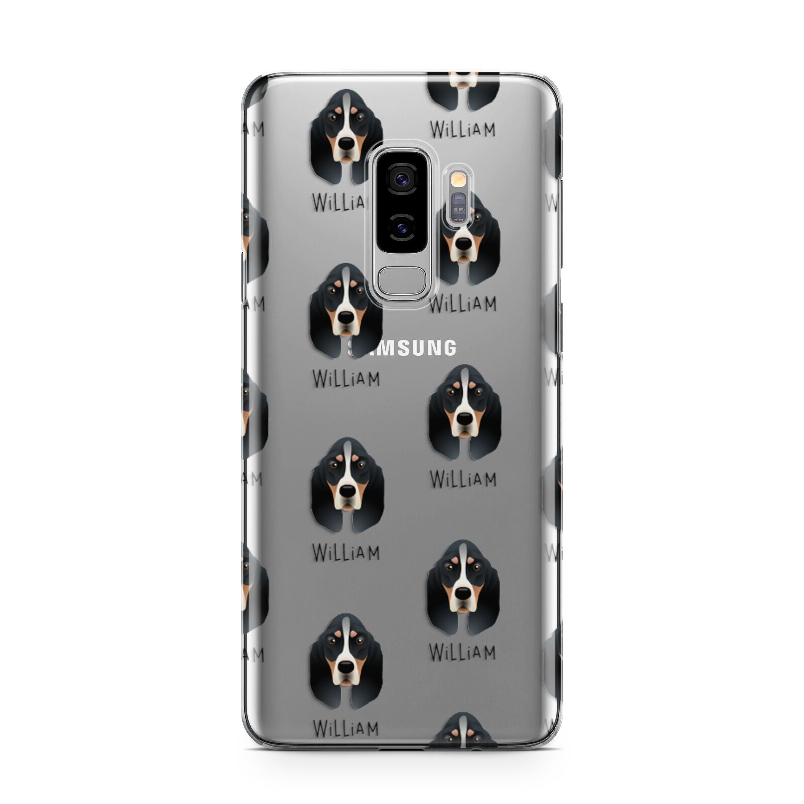 Basset Bleu De Gascogne Icon with Name Samsung Galaxy S9 Plus Case on Silver phone