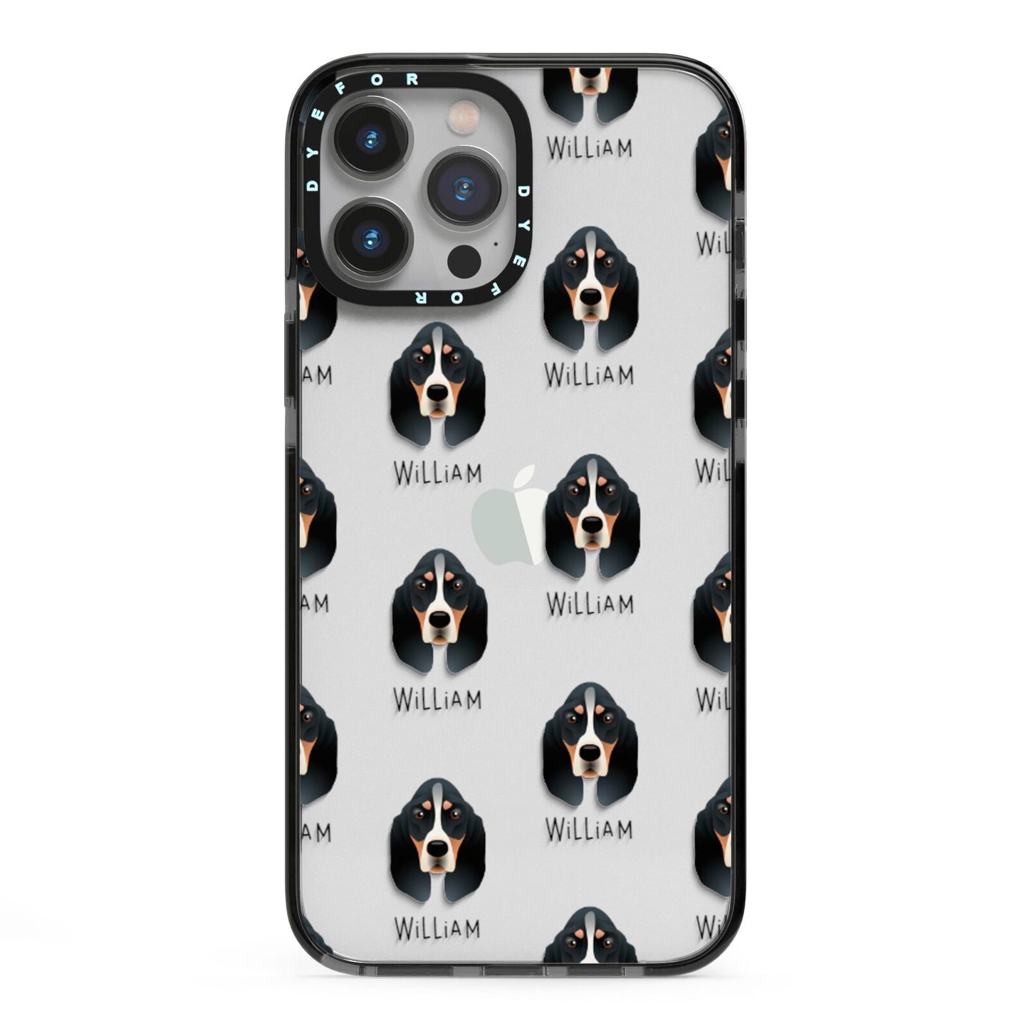 Basset Bleu De Gascogne Icon with Name iPhone 13 Pro Max Black Impact Case on Silver phone