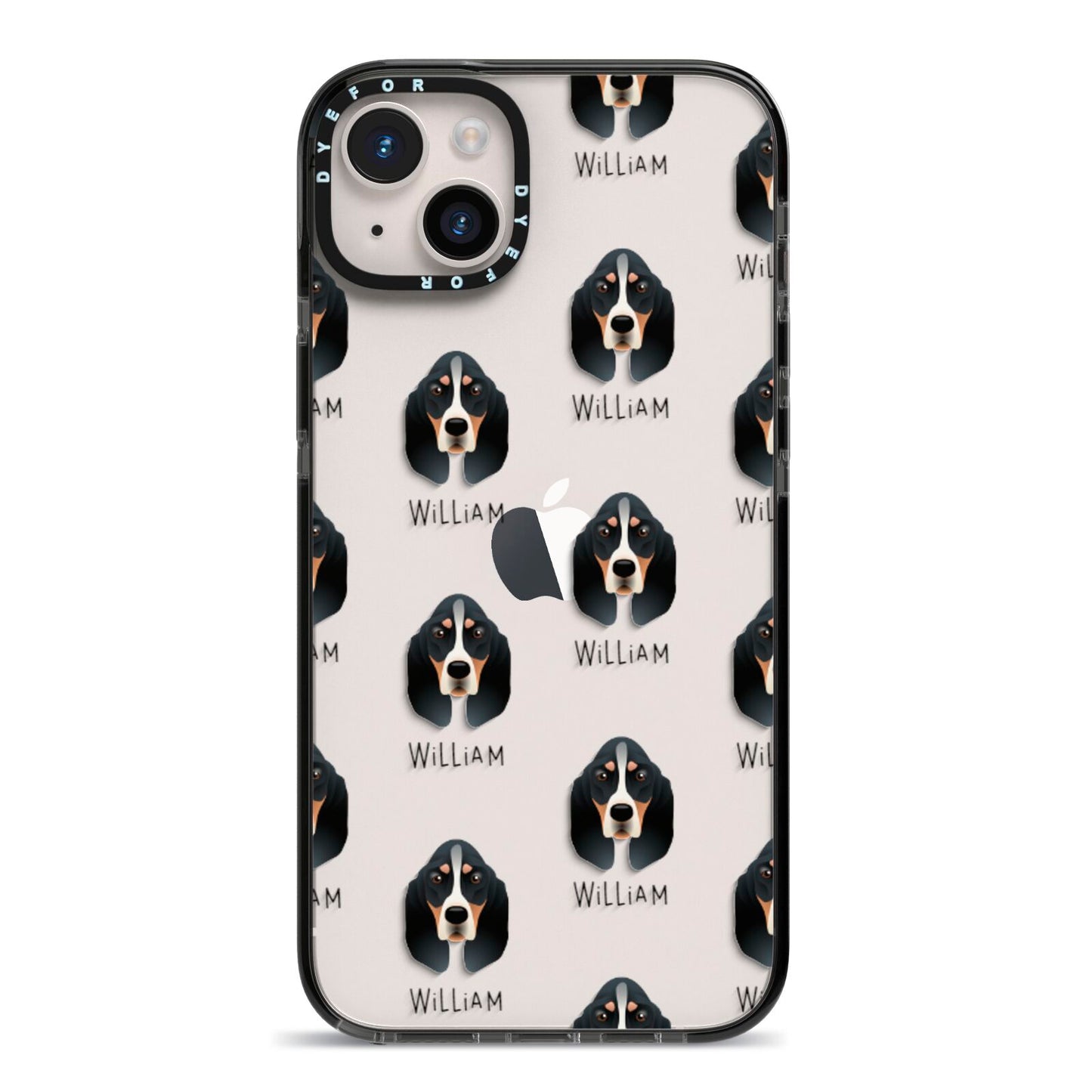 Basset Bleu De Gascogne Icon with Name iPhone 14 Plus Black Impact Case on Silver phone