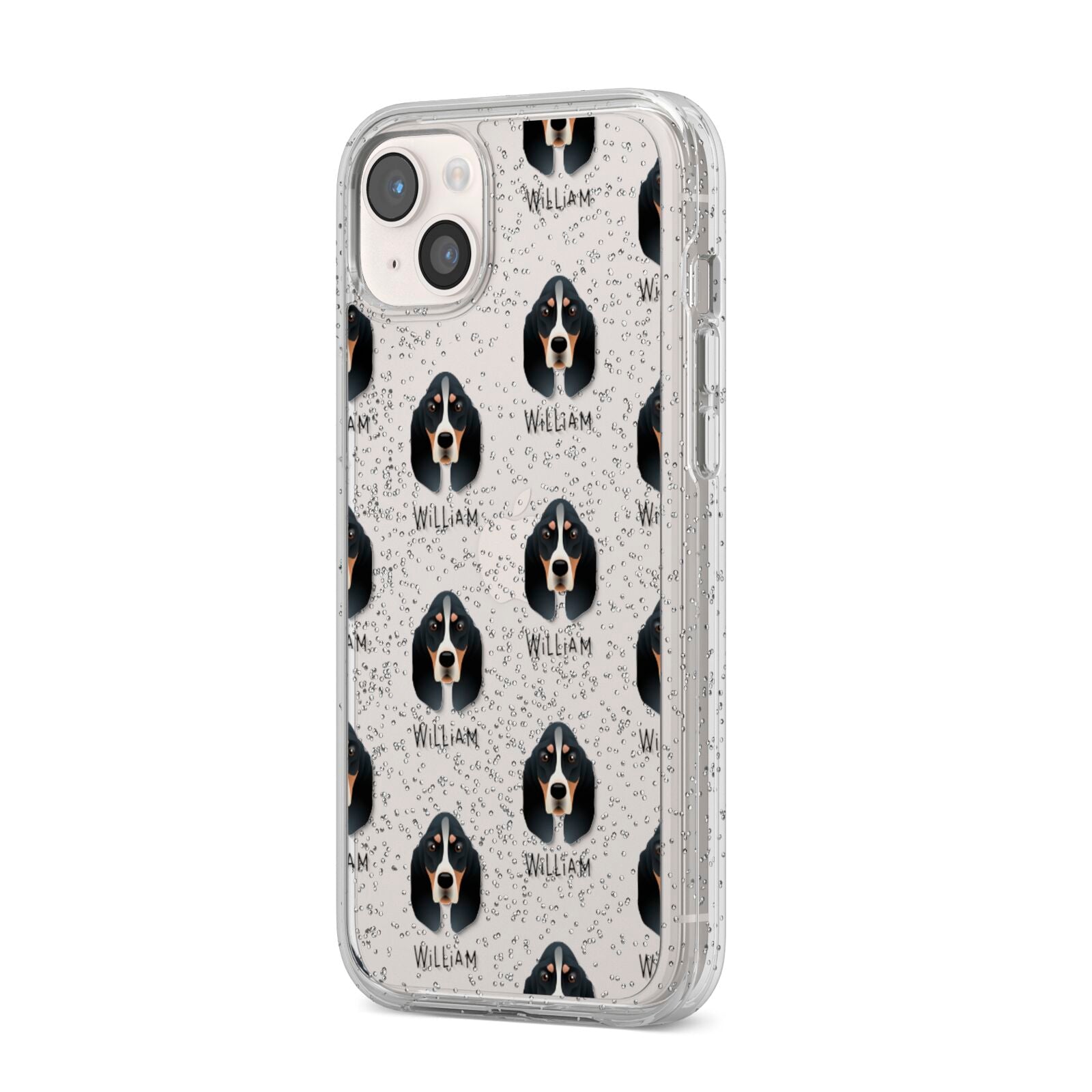 Basset Bleu De Gascogne Icon with Name iPhone 14 Plus Glitter Tough Case Starlight Angled Image