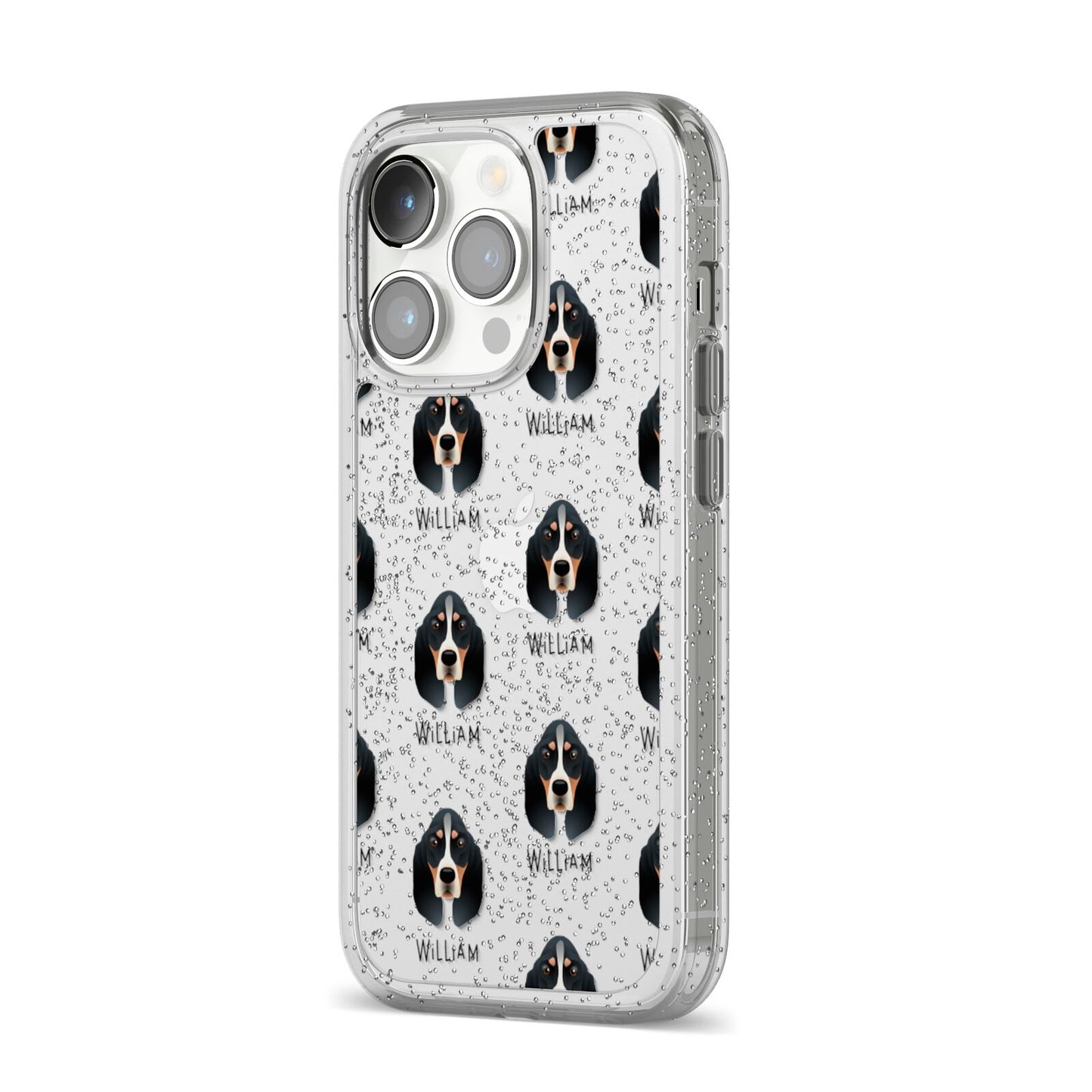 Basset Bleu De Gascogne Icon with Name iPhone 14 Pro Glitter Tough Case Silver Angled Image