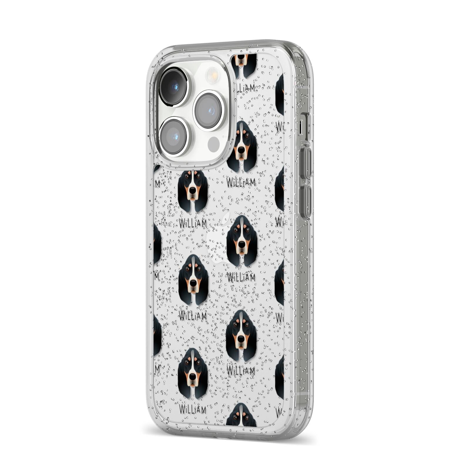 Basset Bleu De Gascogne Icon with Name iPhone 14 Pro Glitter Tough Case Silver Angled Image